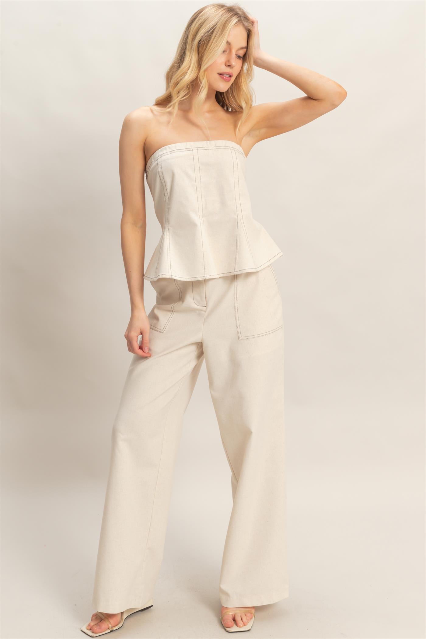 Wholesale Peplum Tube Top Clothing Tops HF26C401 OATMEAL HYFVE