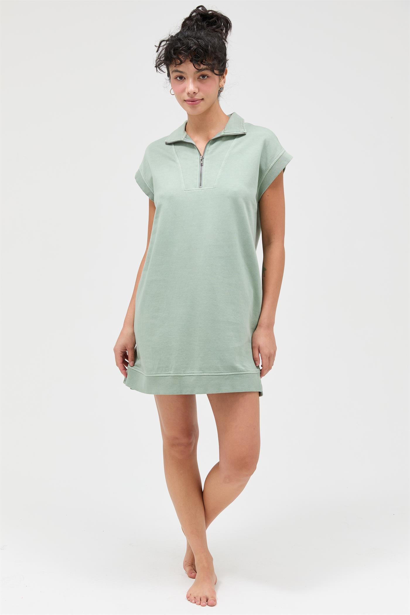 Wholesale Half Zip Up Mock Neck Mini Dress Dresses DZ26A030 SAGE GREEN DOUBLE ZERO