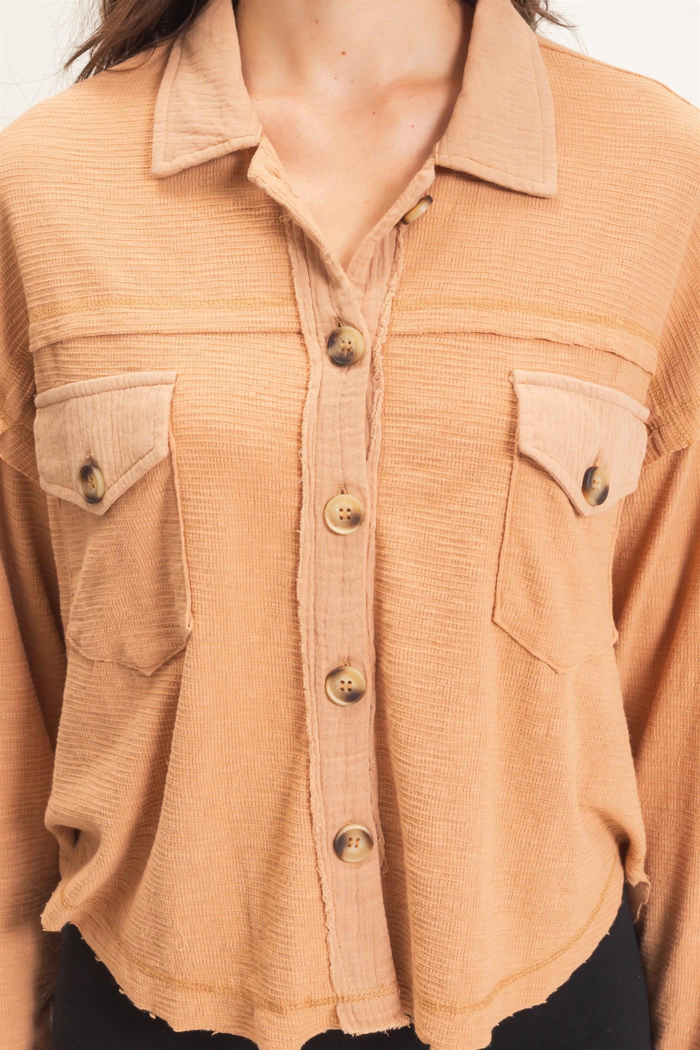 Wholesale Textured Button-Up Shirt Clothing Tops HF26C878 LIGHT BROWN HYFVE