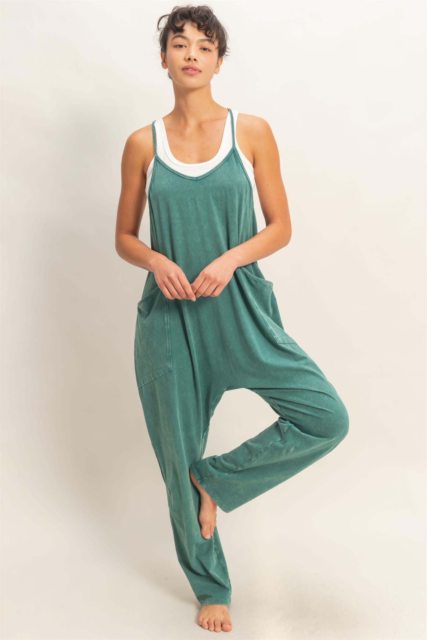 Wholesale Mineral Wash Spaghetti Strap Jumpsuit Clothing DZ26C375 DARK TEAL DOUBLE ZERO