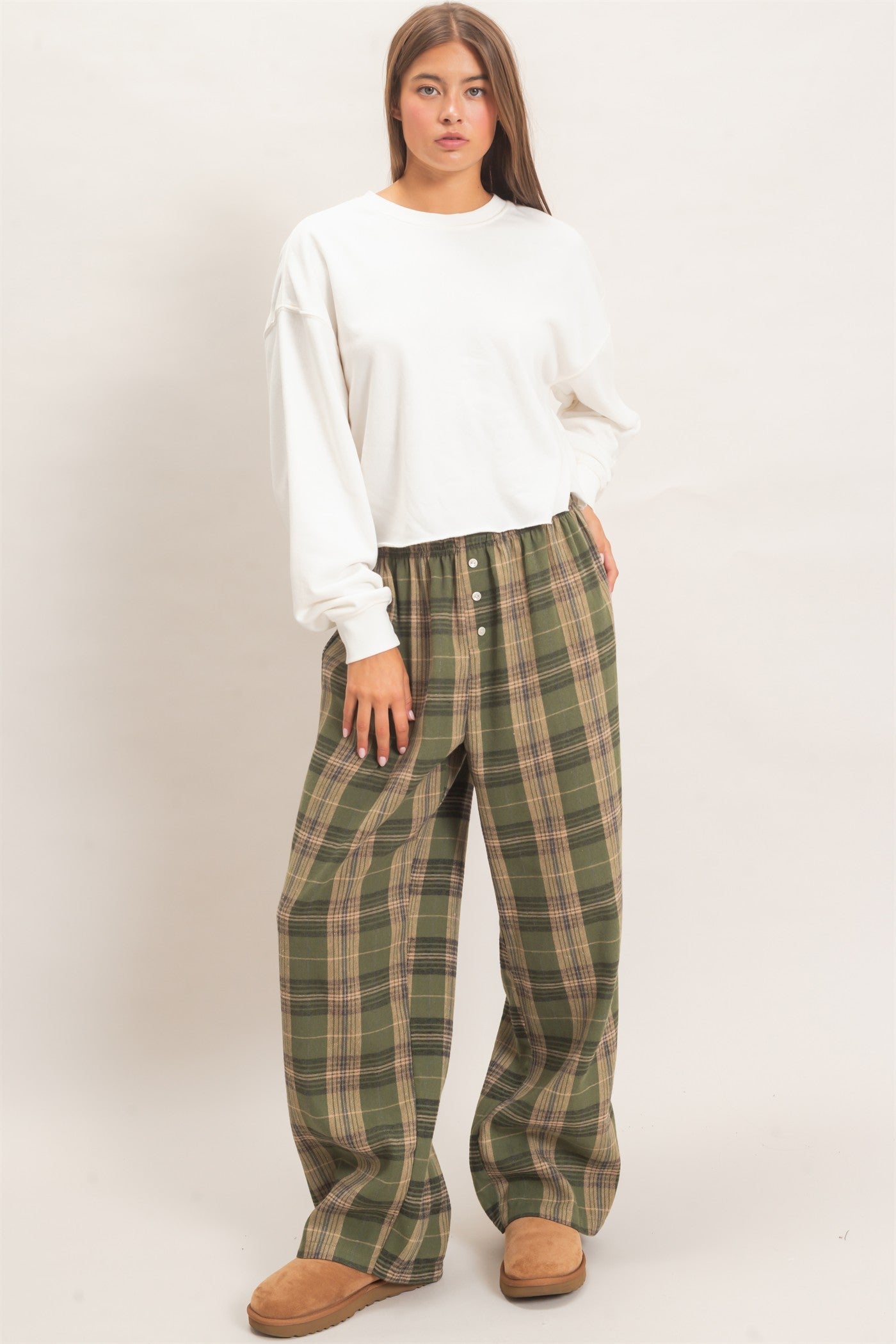 Wholesale Plaid Wide-Leg Pants Pants DZ26F271 OLIVE DOUBLE ZERO
