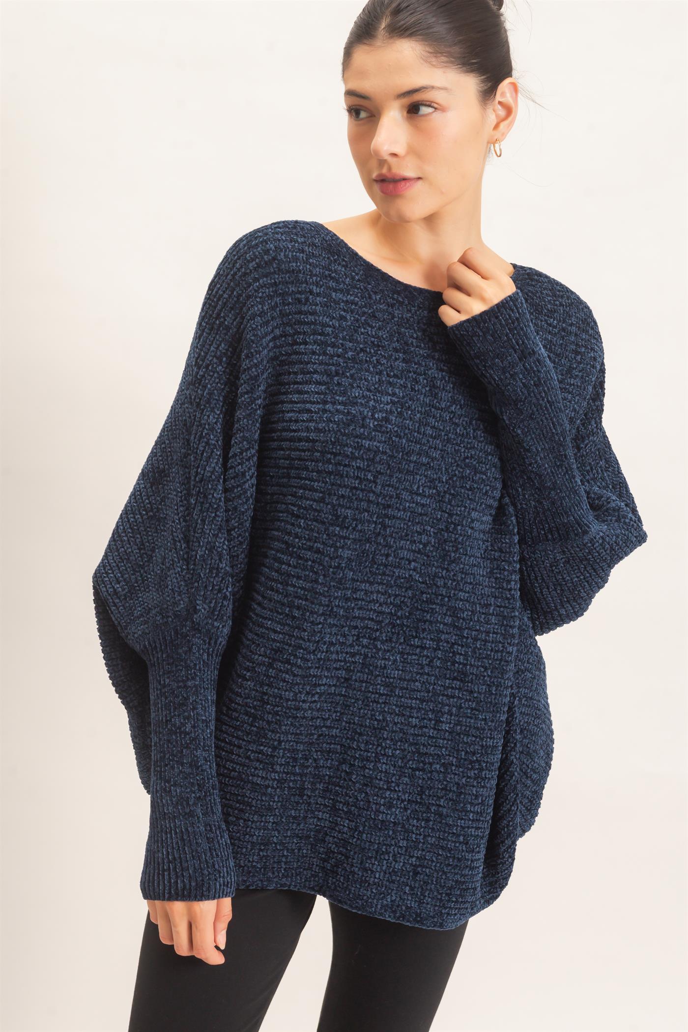 Wholesale Chenille Boat Neck Dolman Sleeve Sweater Sweaters HF26F185 NAVY HYFVE