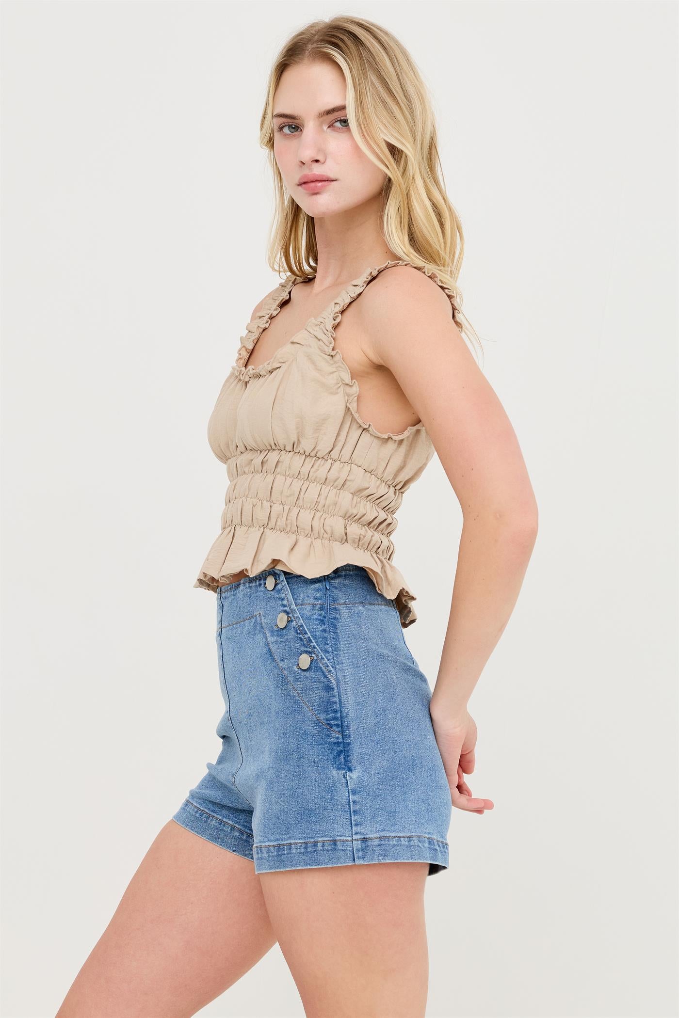 Wholesale Ruched Square Neck Smocked Top Clothing Tops HF26E388-D DARK TAUPE HYFVE