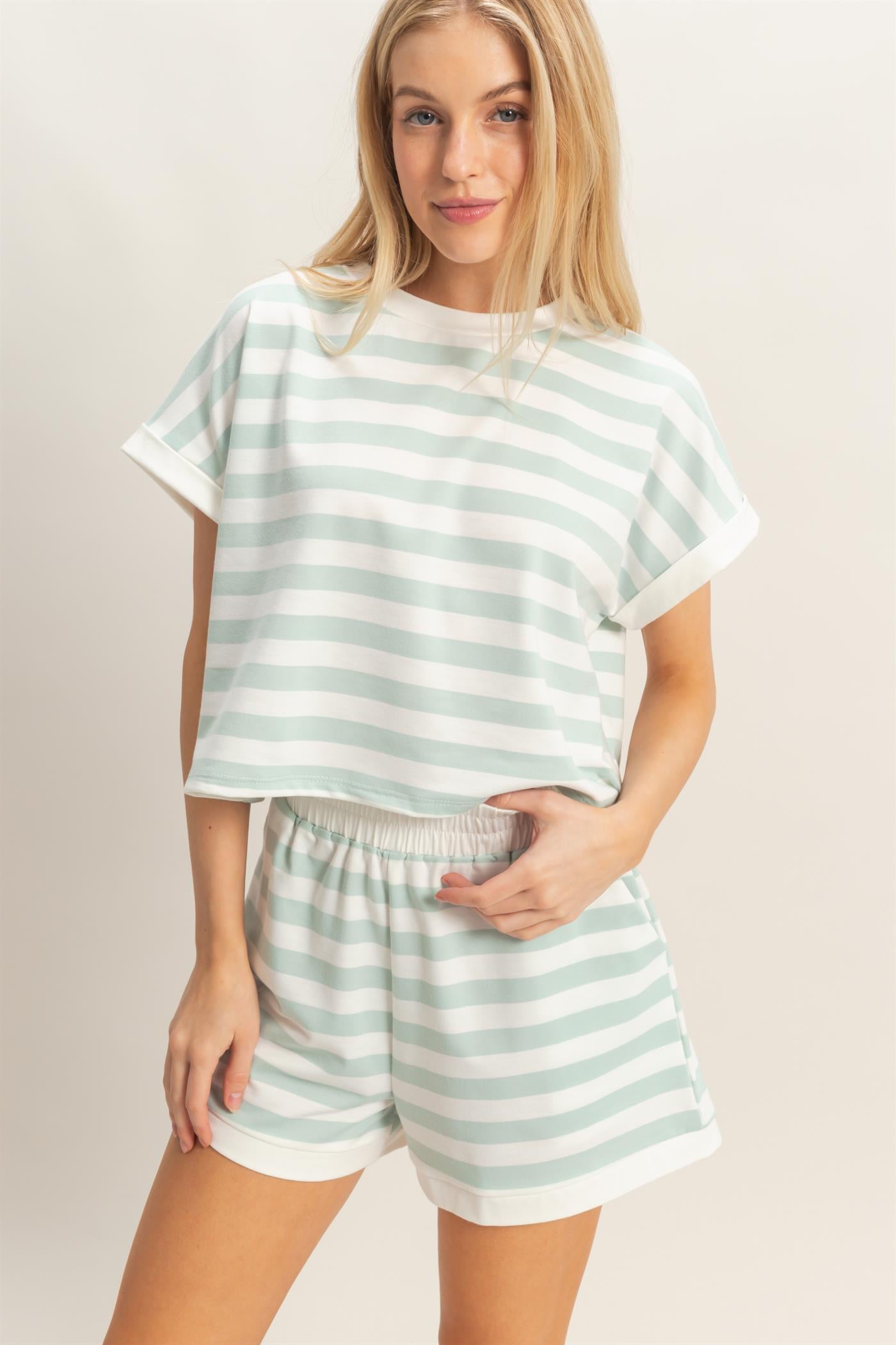 Wholesale Striped Short Sleeve Top & Shorts Set Clothing HF26C064-SET BLUE HYFVE