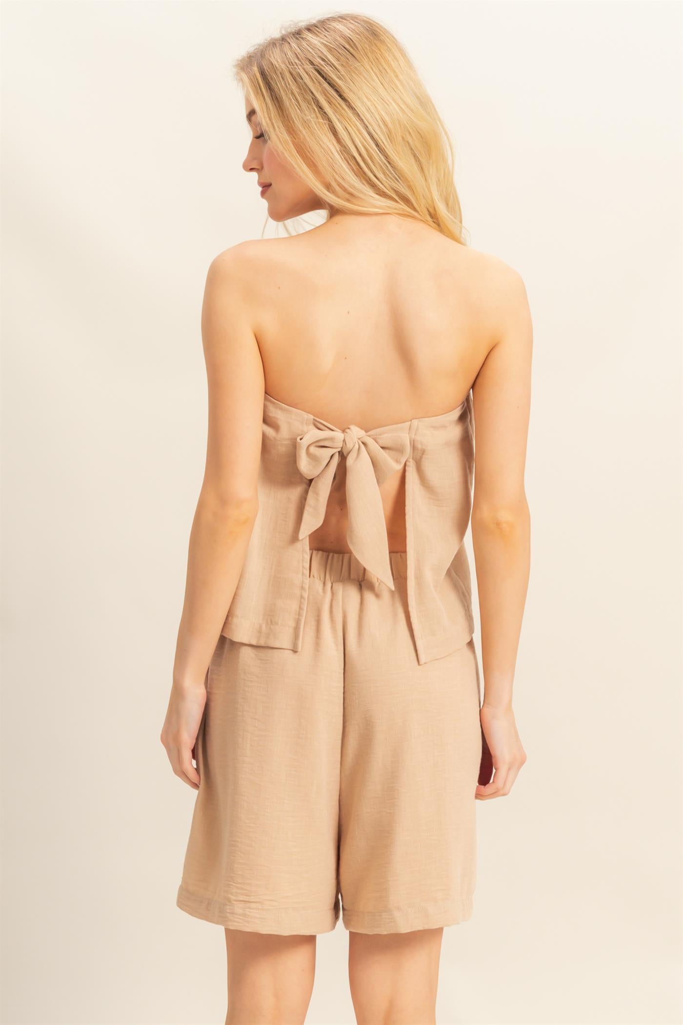 Wholesale Tube Top And Flowy Shorts Set Clothing HF25A273-SET BEIGE HYFVE