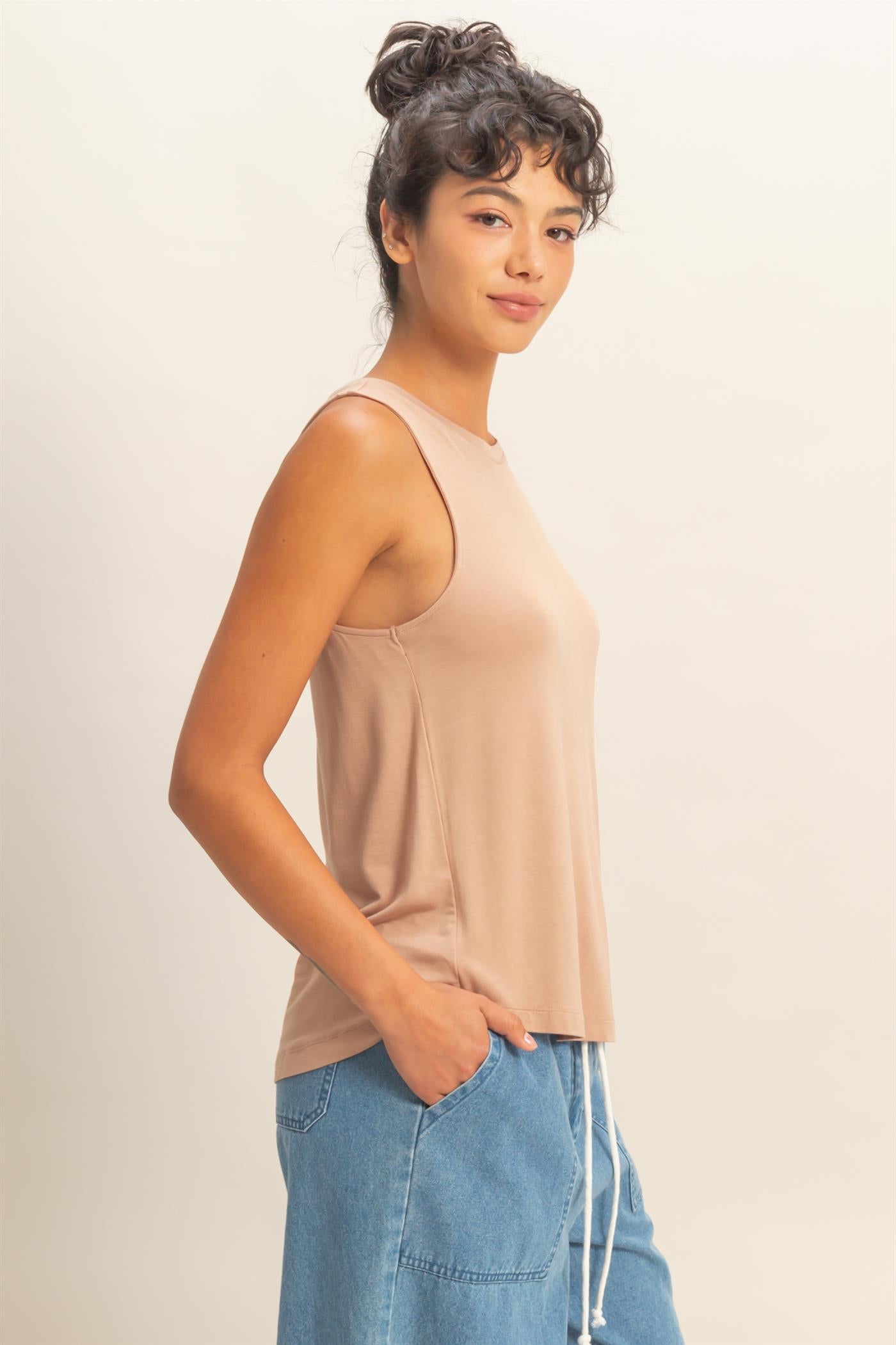 Wholesale Crew Neck Rayon Tank Top Tank Tops DZ26A332 DARK TAUPE DOUBLE ZERO