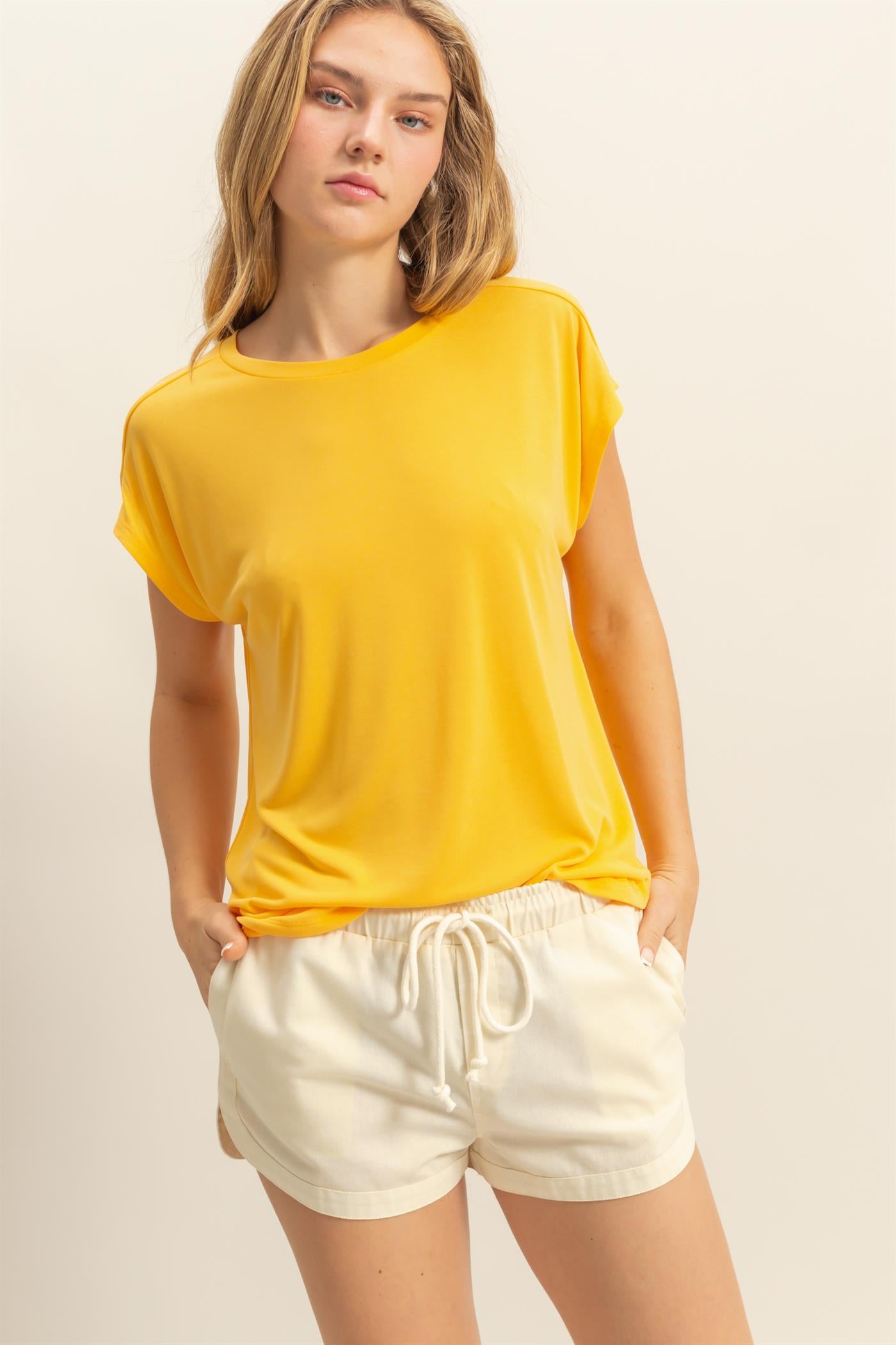 Wholesale Relaxed Dolman Short Sleeve Top Clothing Tops DZ25A902 SUNFLOWER DOUBLE ZERO