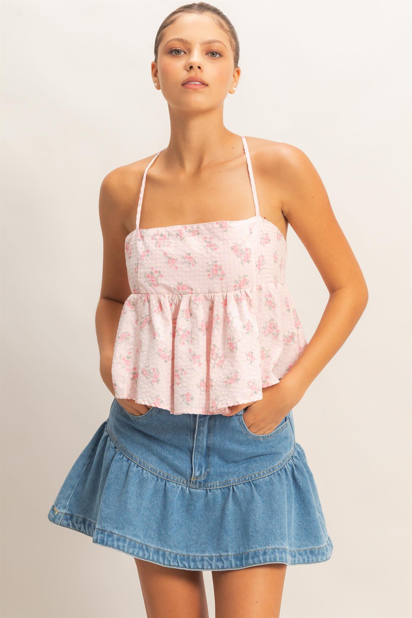 Wholesale Floral Seersucker Babydoll Top Clothing Tops HF26A416 PINK HYFVE