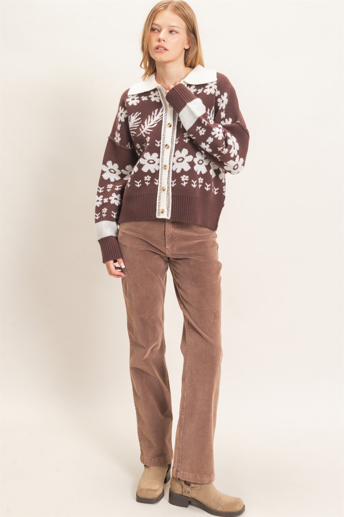 Wholesale Floral Jacquard Collared Cardigan Cardigans HF26E885 BROWN HYFVE