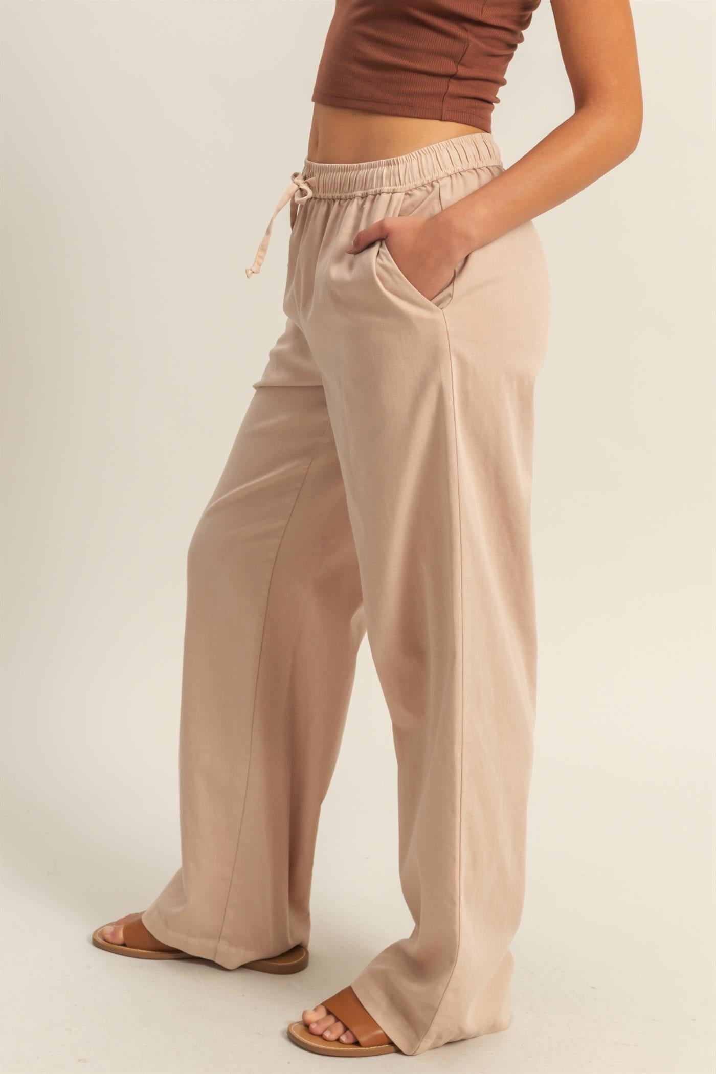 Wholesale Drawstring Waist Straight Leg Pants Pants DZ24A339 DARK TAUPE DOUBLE ZERO