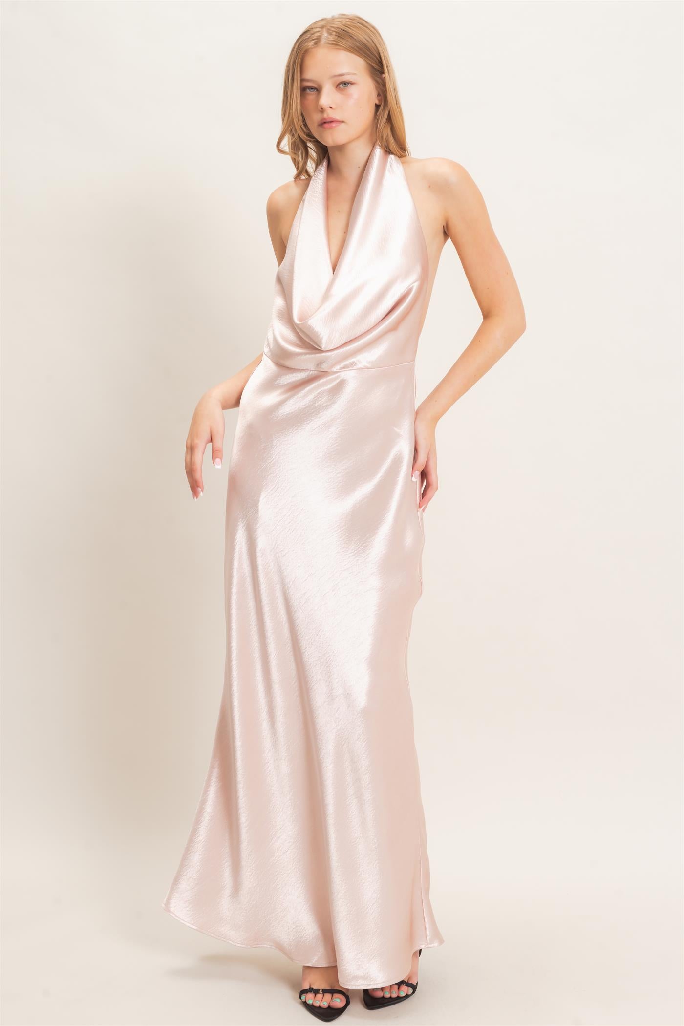 Wholesale Satin Cowl Neck Maxi Dress Dresses HF26F216-D BLUSH HYFVE