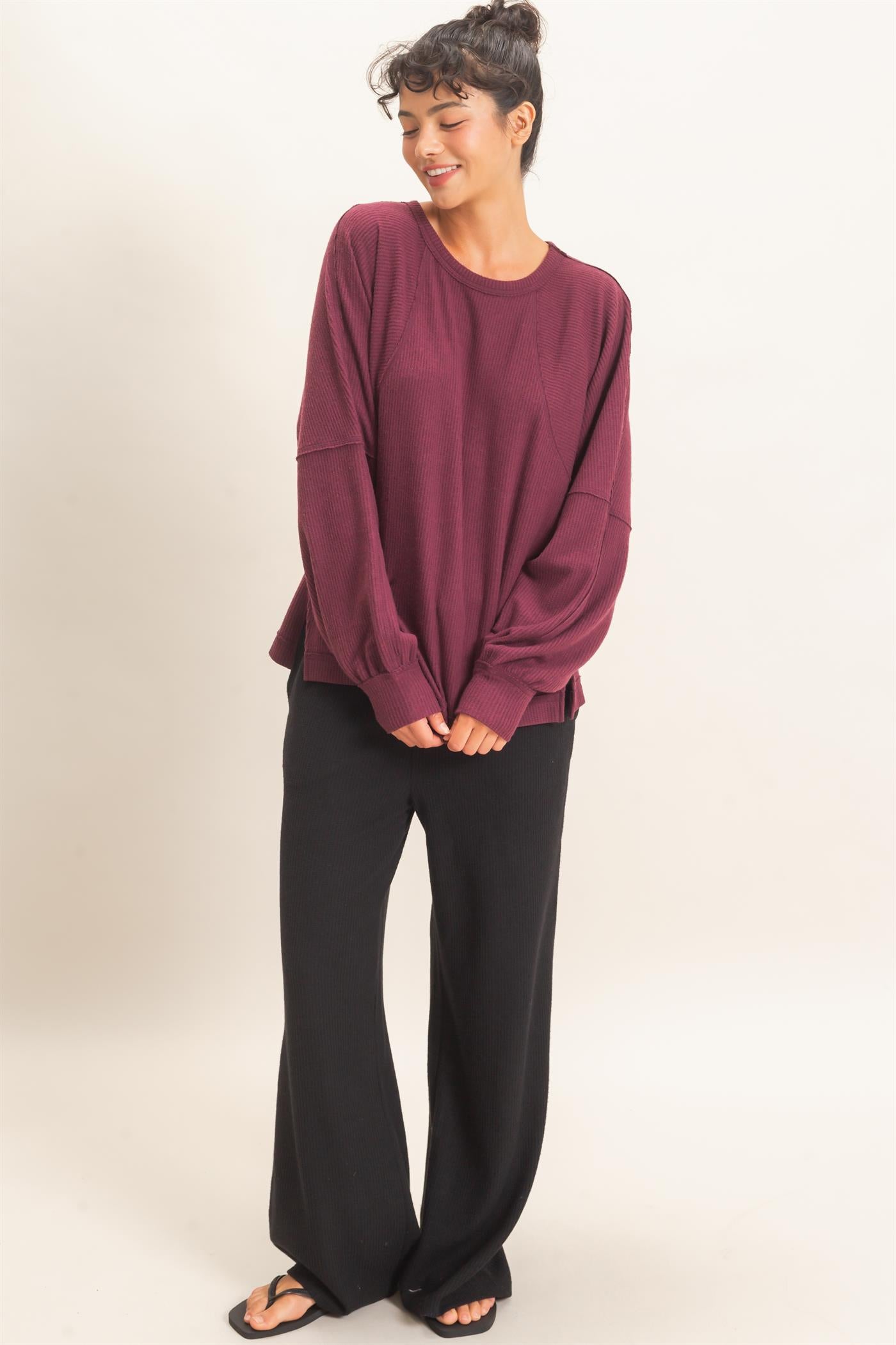 Wholesale Brushed Waffle Long Sleeve Top Clothing Tops DZ26F312 DARK CHERRY DOUBLE ZERO