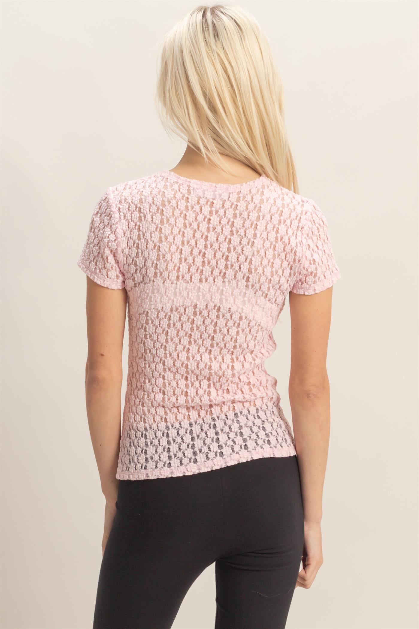 Wholesale Textured Lace Short Sleeve Top Clothing Tops DZ26C394 SOFT PINK DOUBLE ZERO