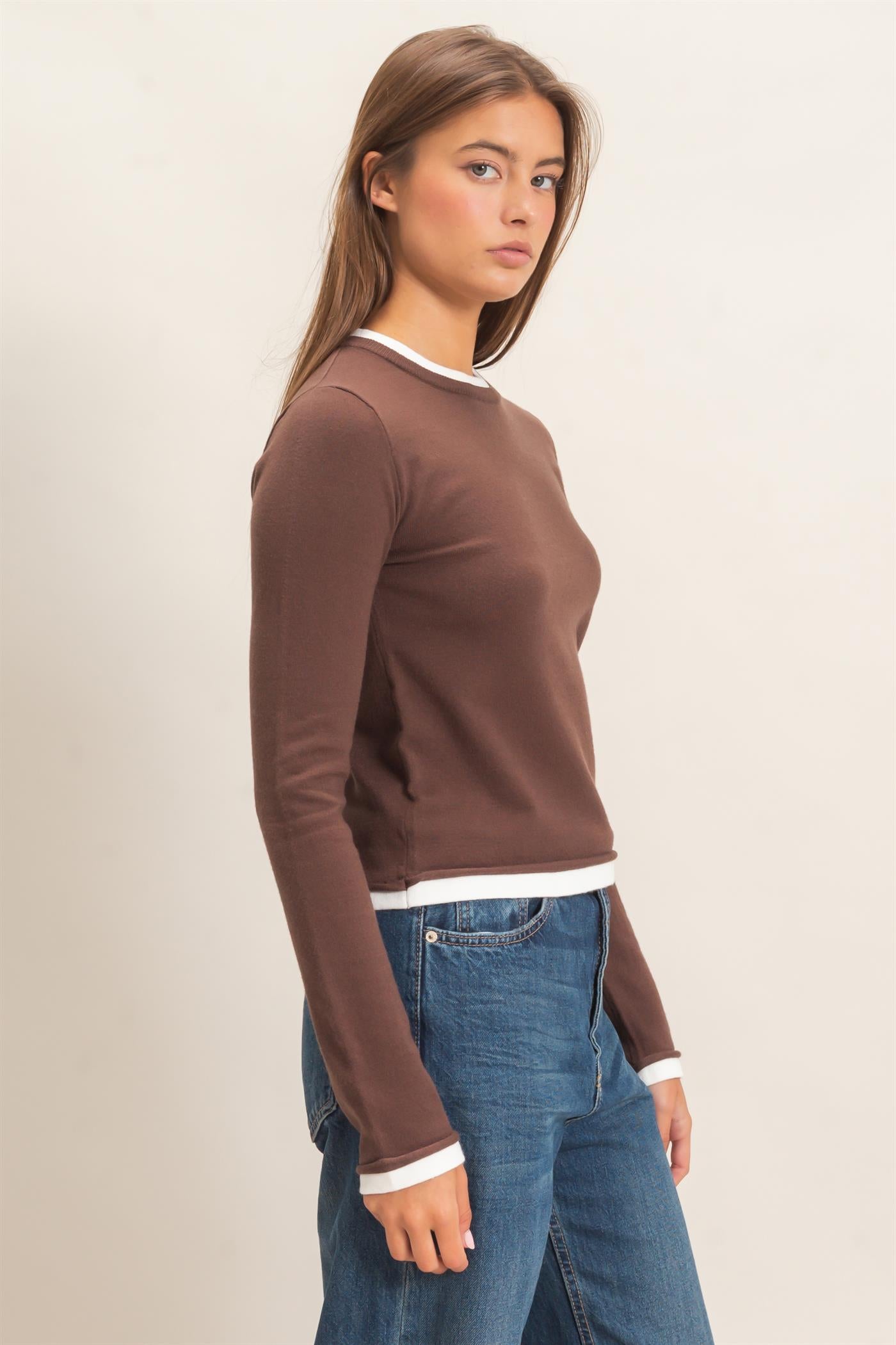 Wholesale Layer Effect Long Sleeve Knit Top Clothing Tops DZ26F394 DARK BROWN DOUBLE ZERO