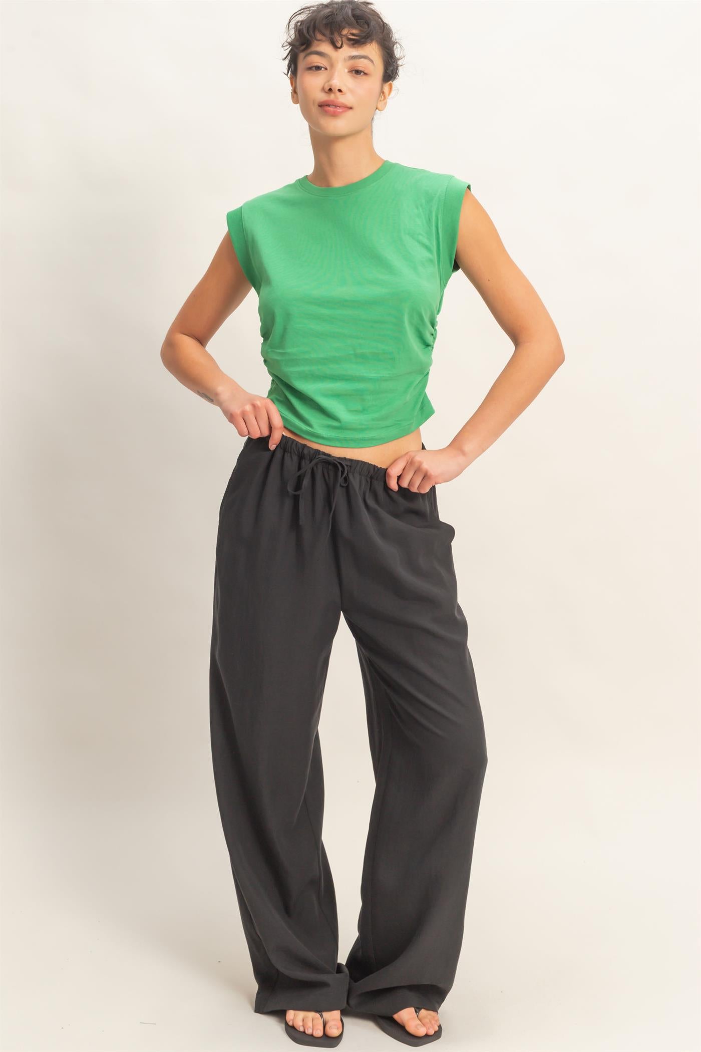 Wholesale Ruched Waist Sleeveless Cotton Top Clothing Tops DZ26C520 GREEN DOUBLE ZERO
