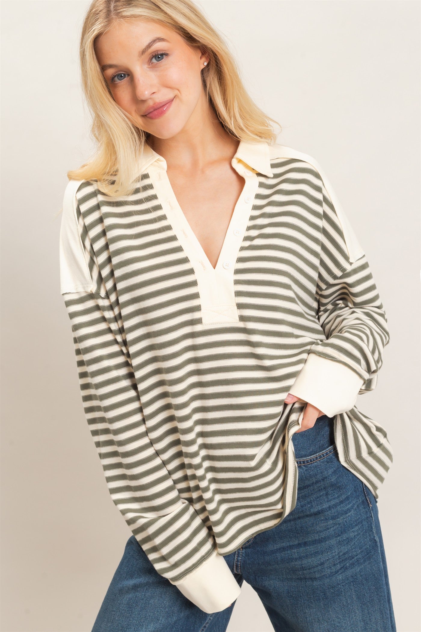 Wholesale Striped Henley Sweatshirt Clothing Tops HF26F089 OLIVE GRAY HYFVE