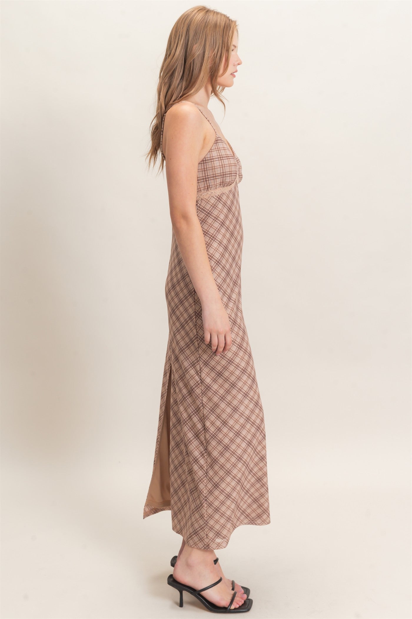 Wholesale Plaid Spaghetti Strap Midi Dress Dresses HF26E709 BEIGE HYFVE