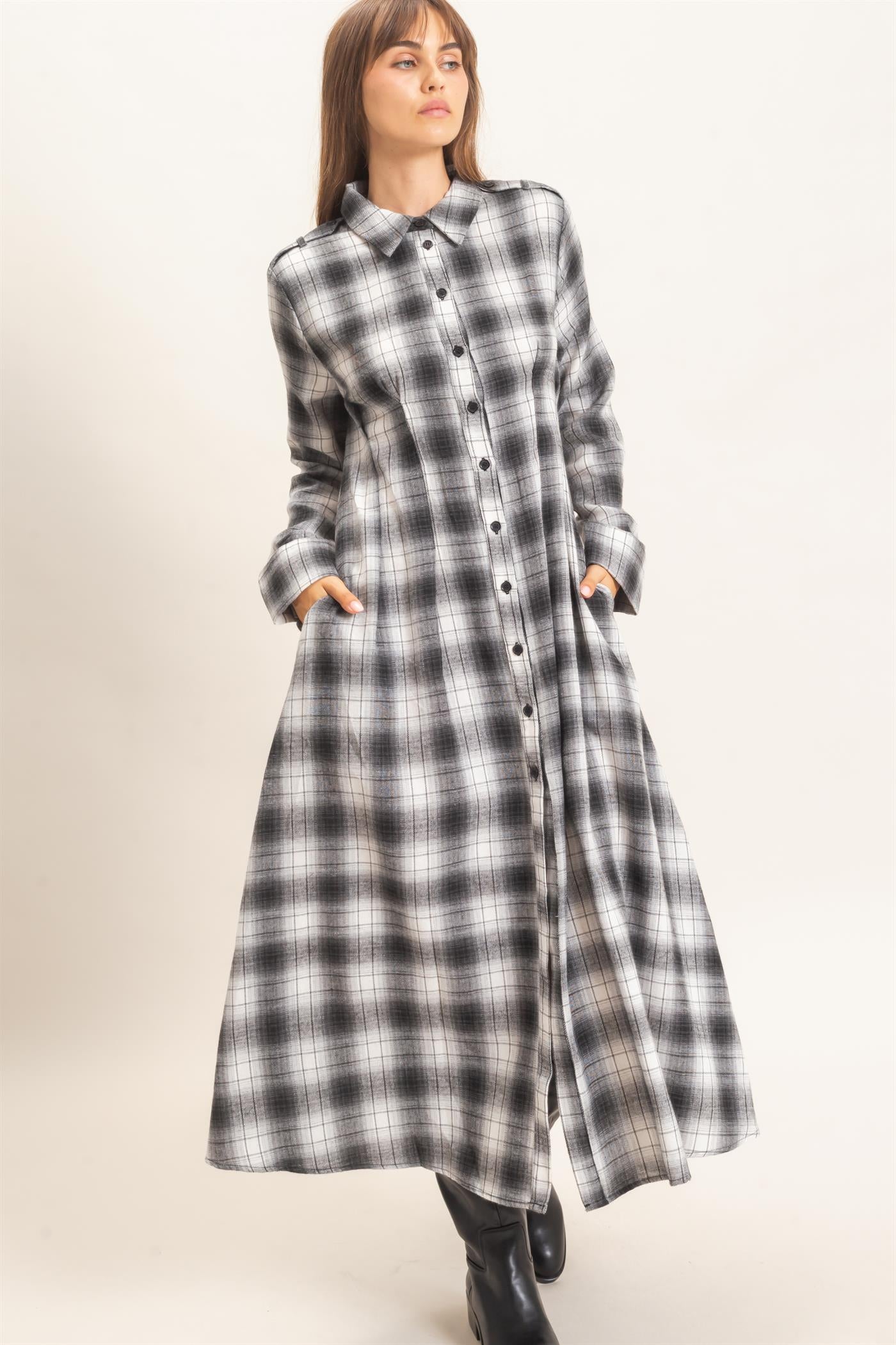 Wholesale Plaid Button-Down Maxi Dress Dresses HF26E999 BLACK HYFVE
