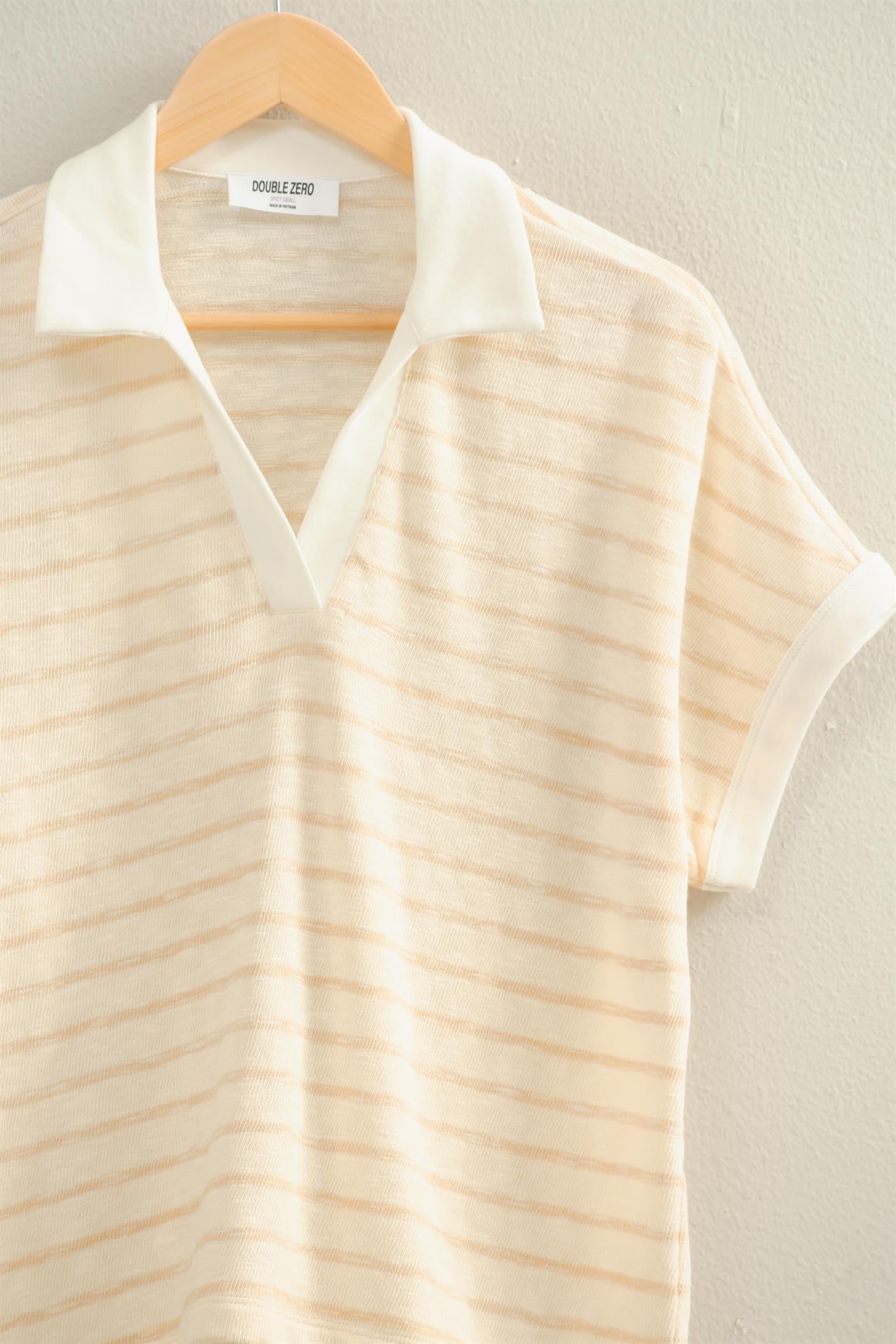 Wholesale Striped Dolman Sleeve V-Neck Collared Top Clothing Tops DZ26A452 TAUPE DOUBLE ZERO