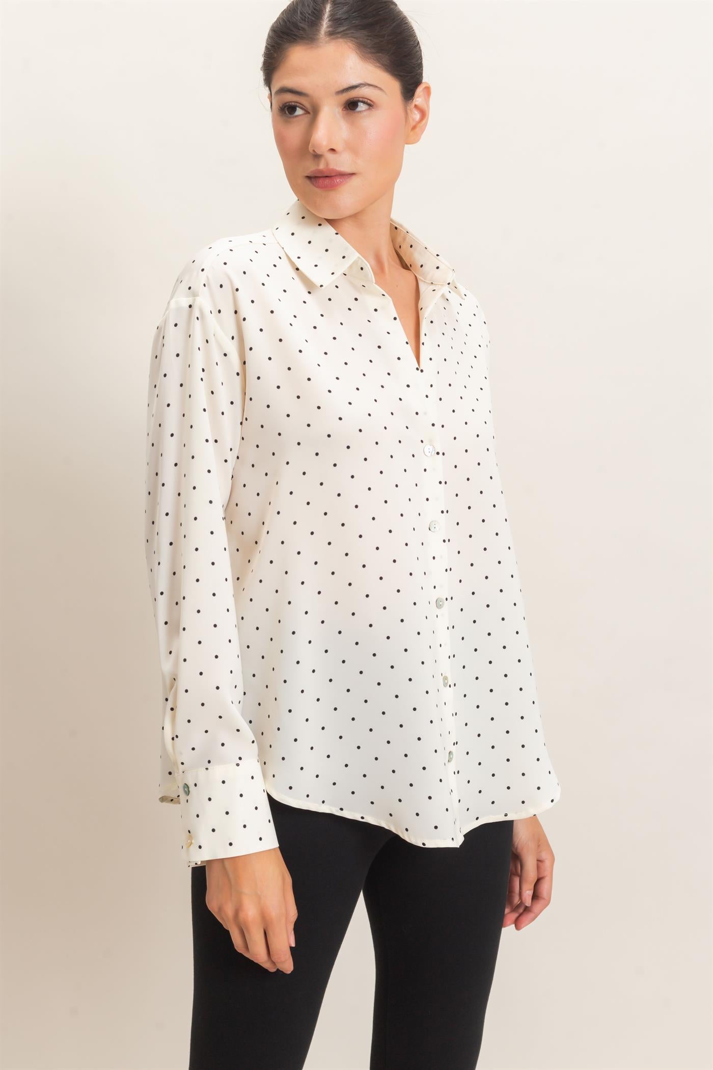 Wholesale Button-Up Polka Dot Shirt Shirts HF26F401 CREAM HYFVE
