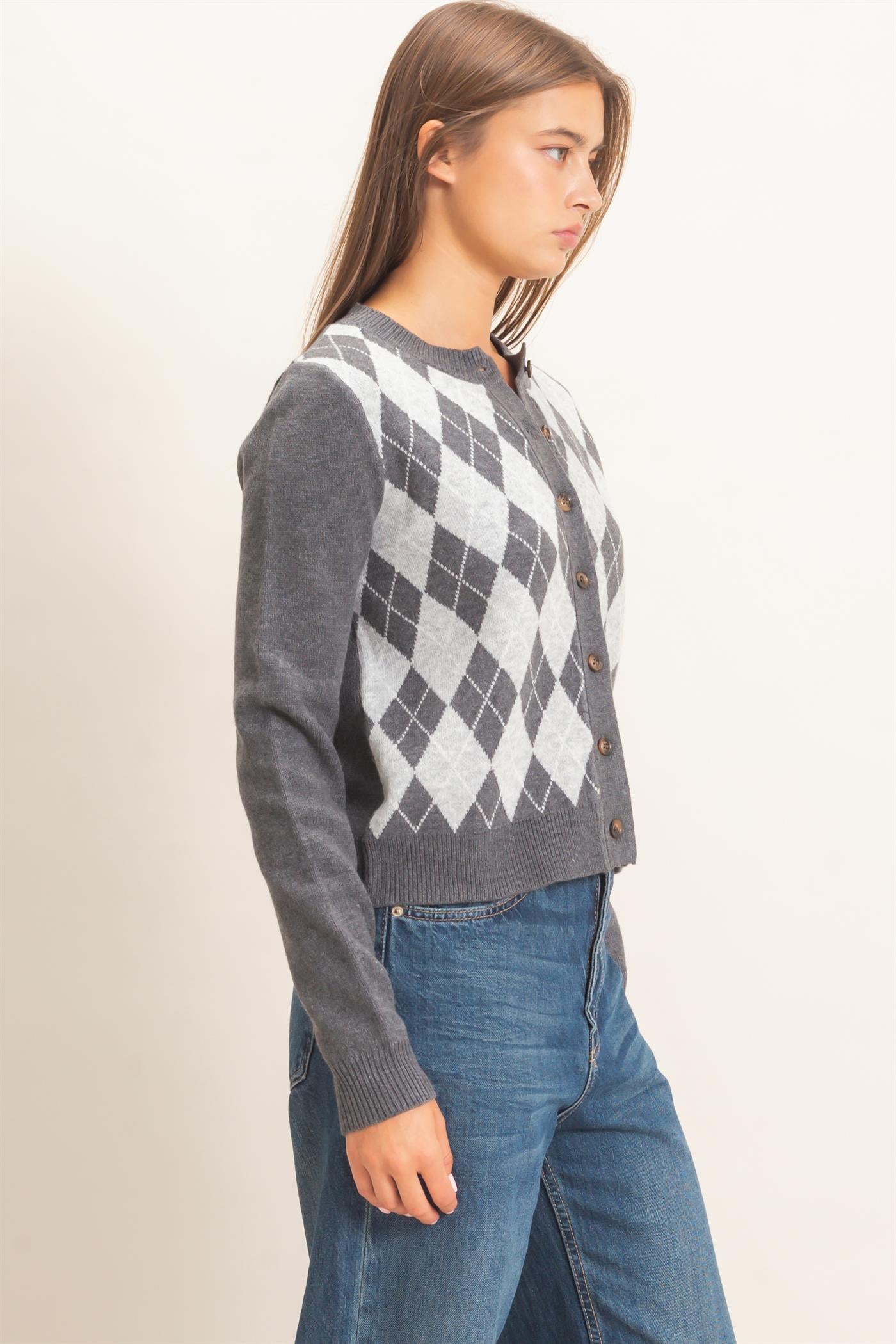 Wholesale Argyle Pattern Cardigan Cardigans DZ26E637 GRAY DOUBLE ZERO