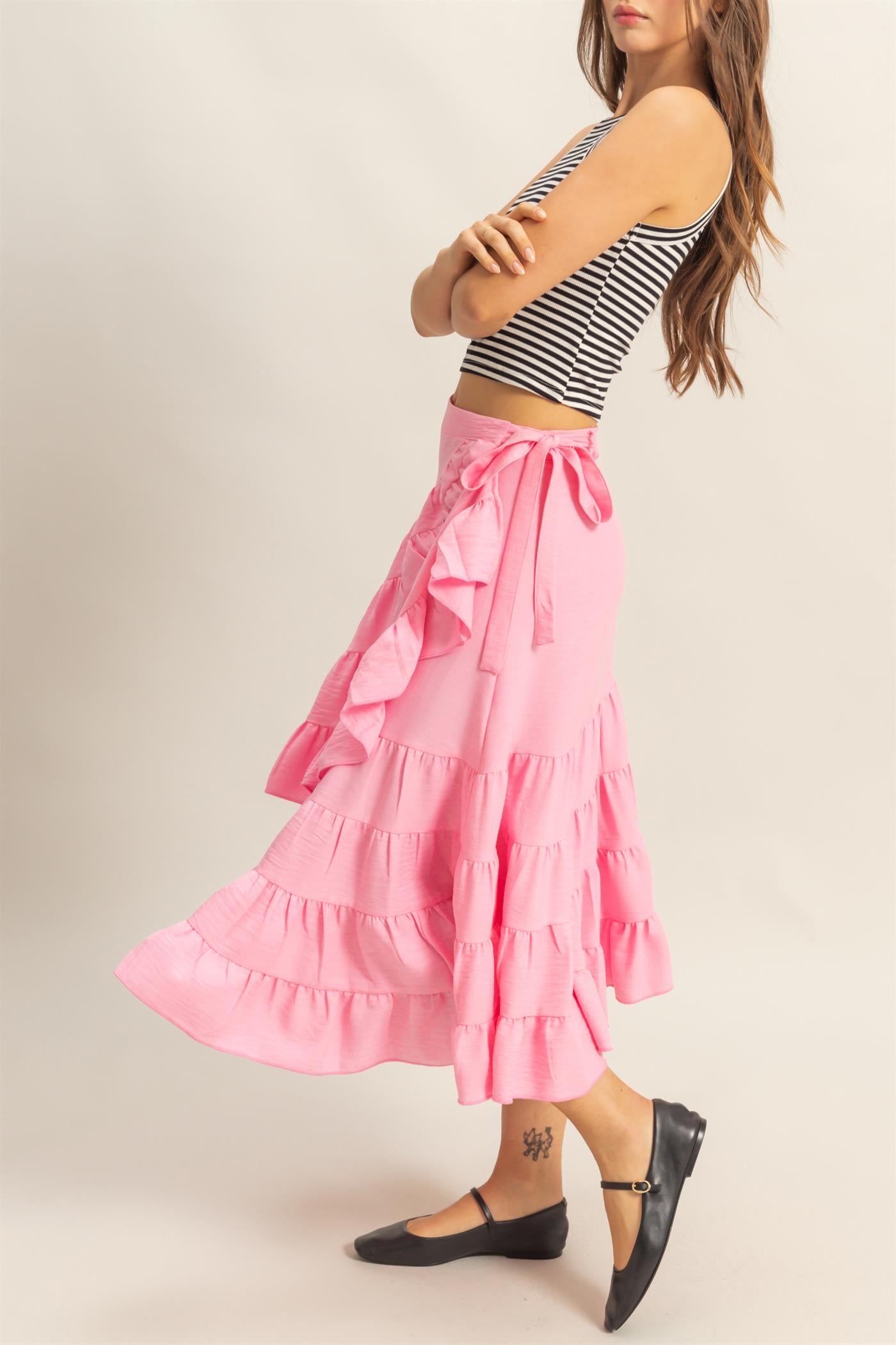 Wholesale High-Waist Tiered Wrap Maxi Skirt Skirts HF24F553 L.PINK HYFVE