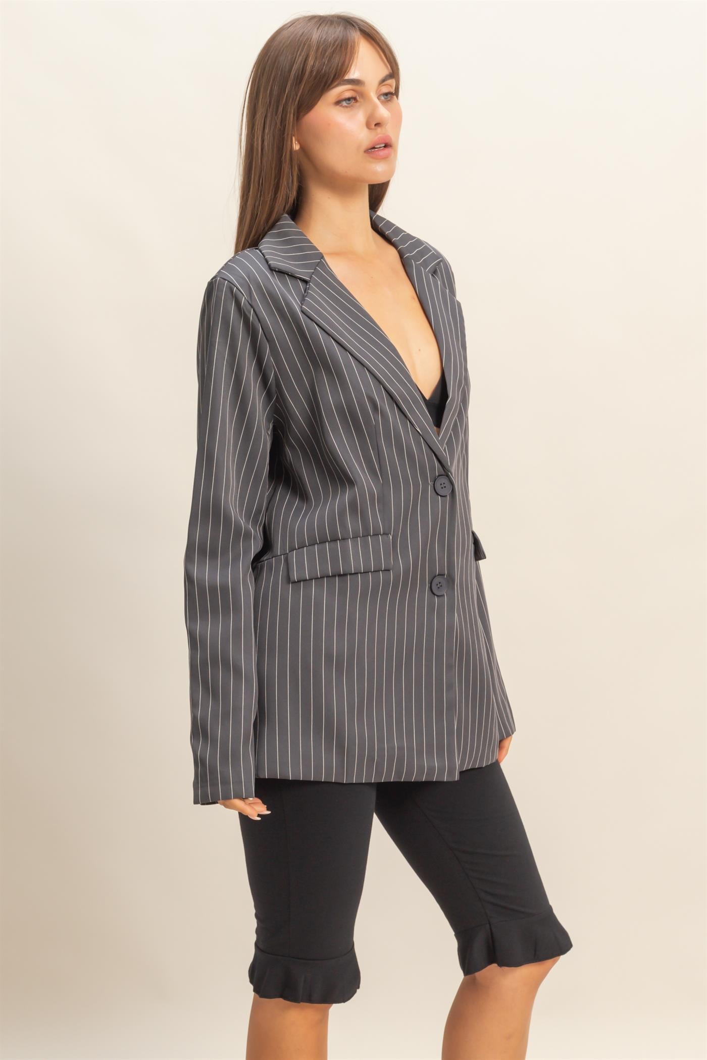Wholesale Pin Stripe Oversized Blazer Coats & Jackets HF24A247 CHARCOAL HYFVE