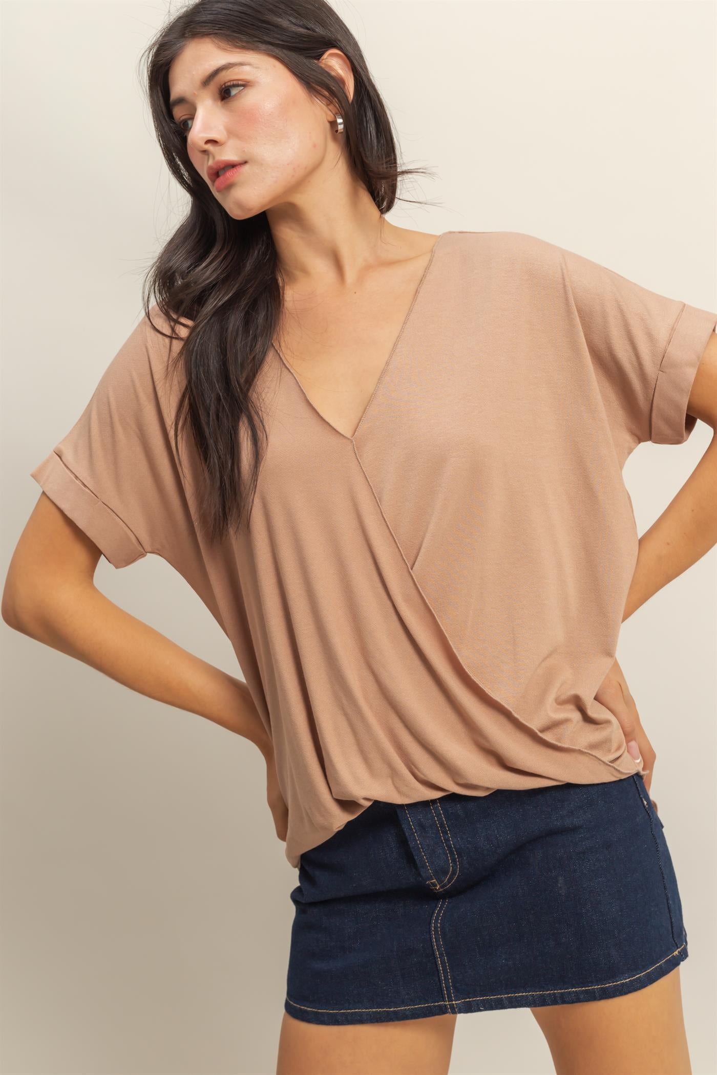 Wholesale Short Sleeve Surplice Top Clothing Tops DZ25E289 DARK TAUPE DOUBLE ZERO