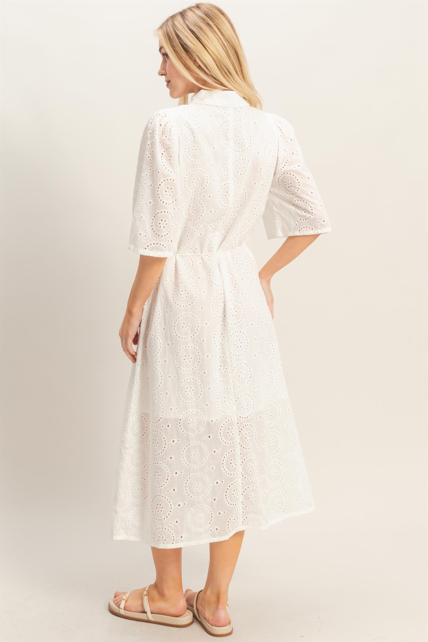 Wholesale Eyelet Collared Midi Dress Dresses HF26A021 WHITE HYFVE