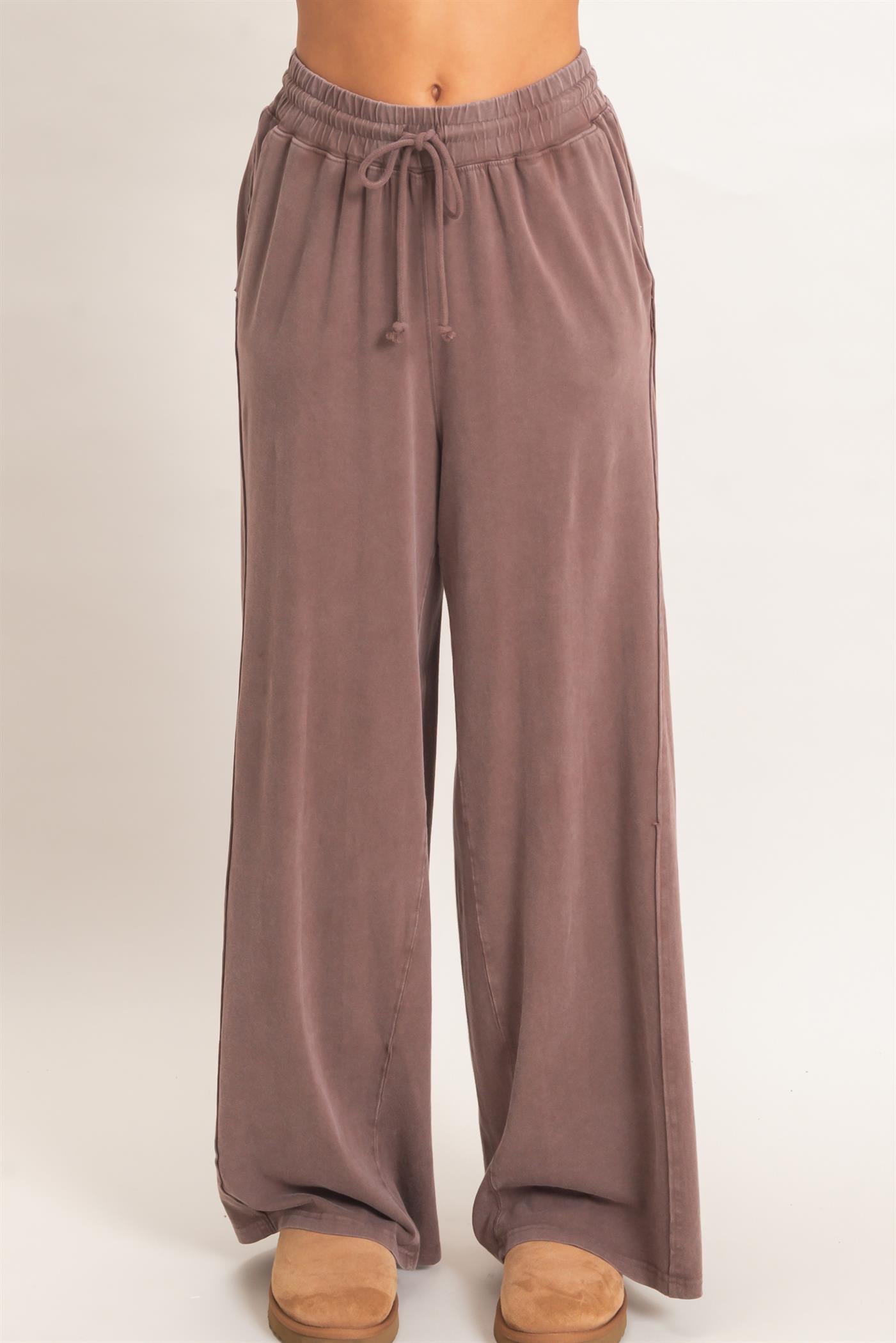Wholesale Wide Leg Mineral Wash Pants Pants DZ26F406 DARK BROWN DOUBLE ZERO