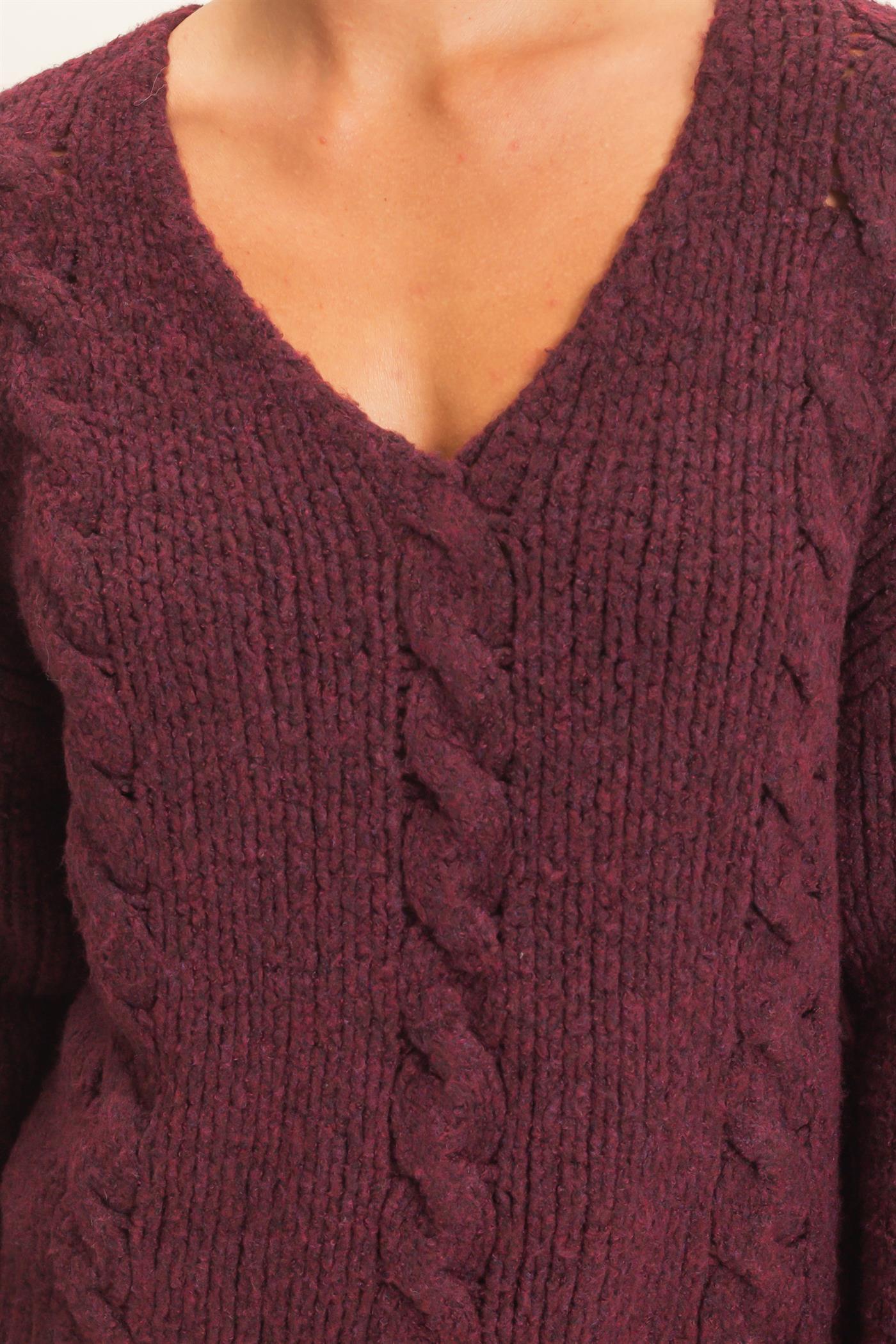 Wholesale Cable Knit V-Neck Sweater Sweaters DZ26E107 DARK CHERRY DOUBLE ZERO