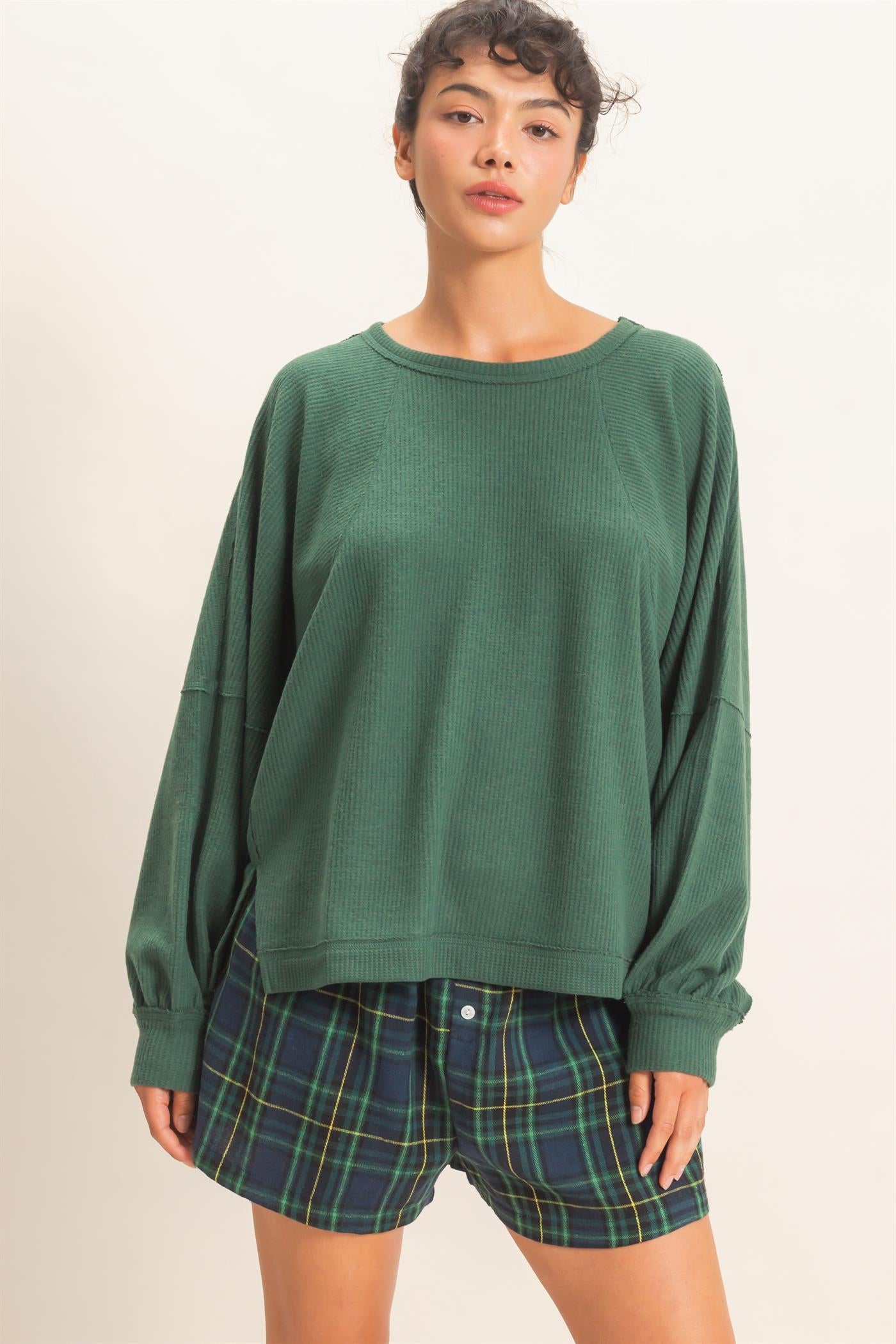 Wholesale Brushed Waffle Long Sleeve Top Clothing Tops DZ26F312 DARK GREEN DOUBLE ZERO