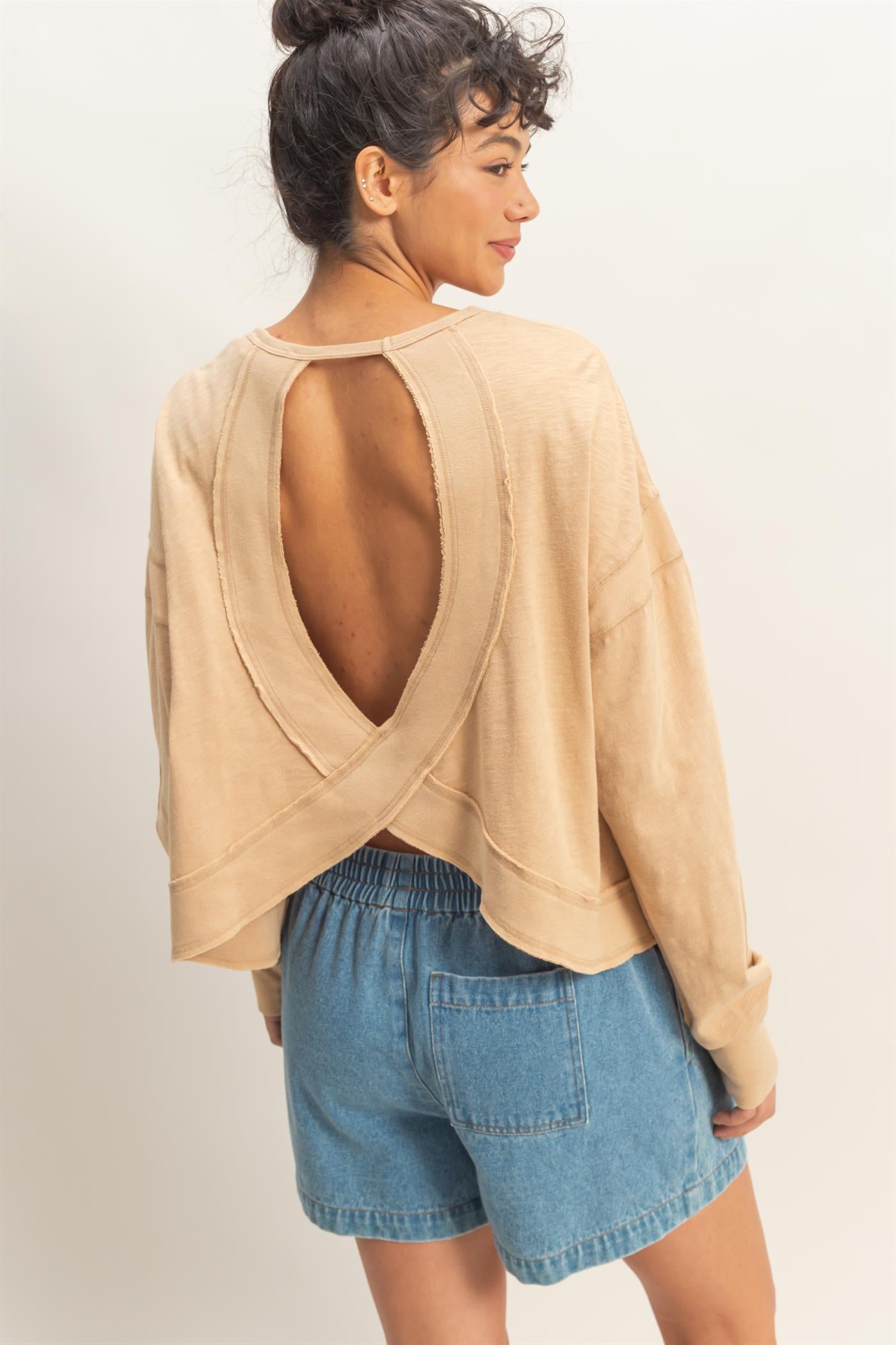 Wholesale Cross Detail Open Back Long-Sleeve Top Clothing Tops DZ26C731 DARK TAUPE DOUBLE ZERO