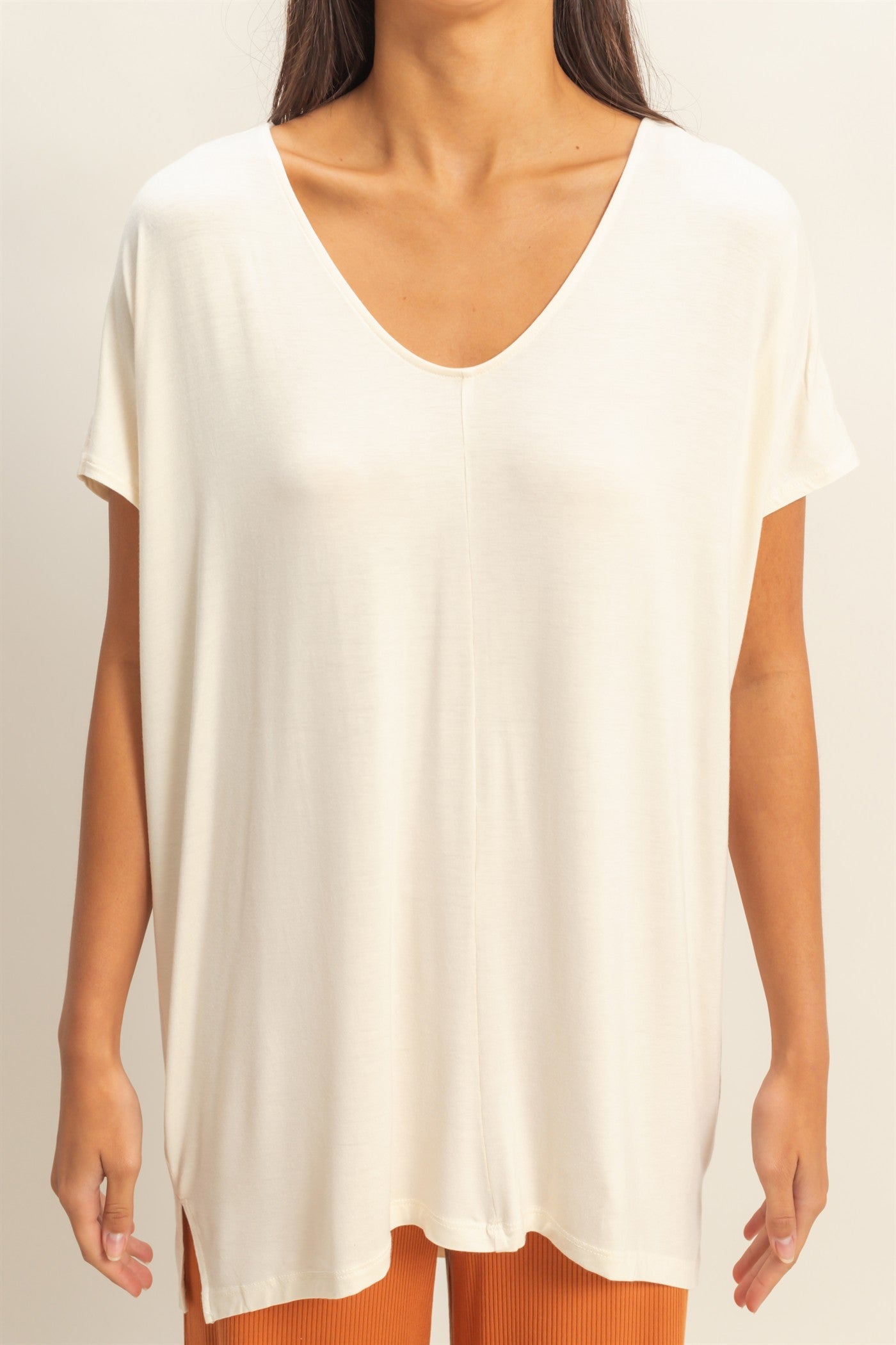 Wholesale Loose Fit Tunic High Low Top Clothing Tops DZ23F046 CREAM DOUBLE ZERO