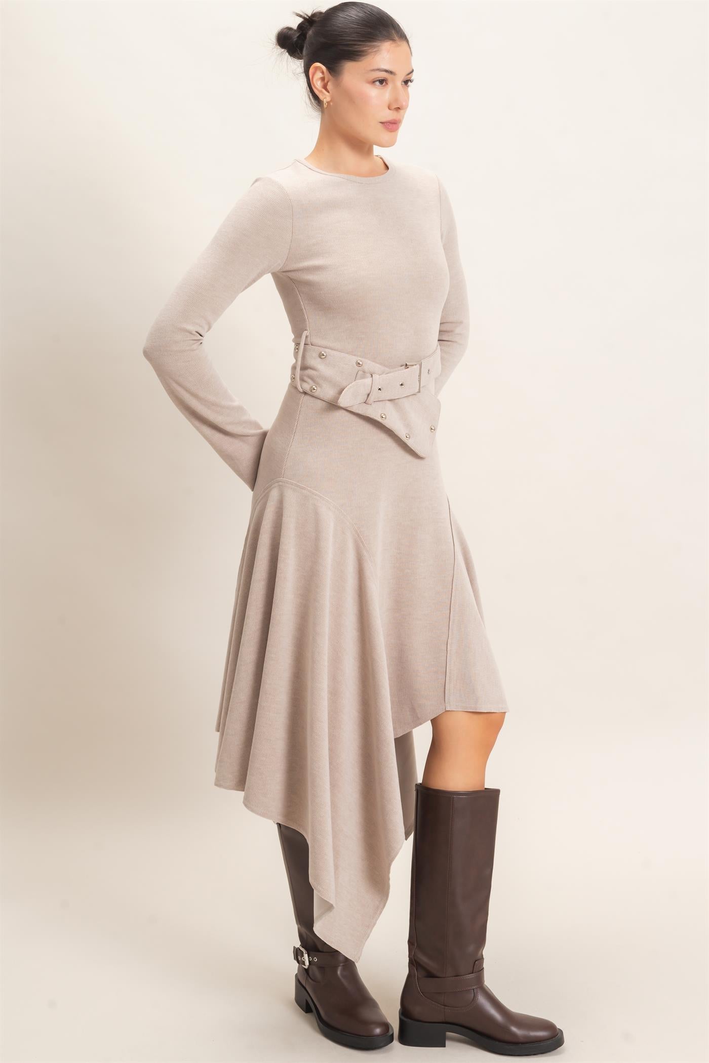 Wholesale Asymmetrical Knit Dress Dresses HF26E992 BEIGE HYFVE