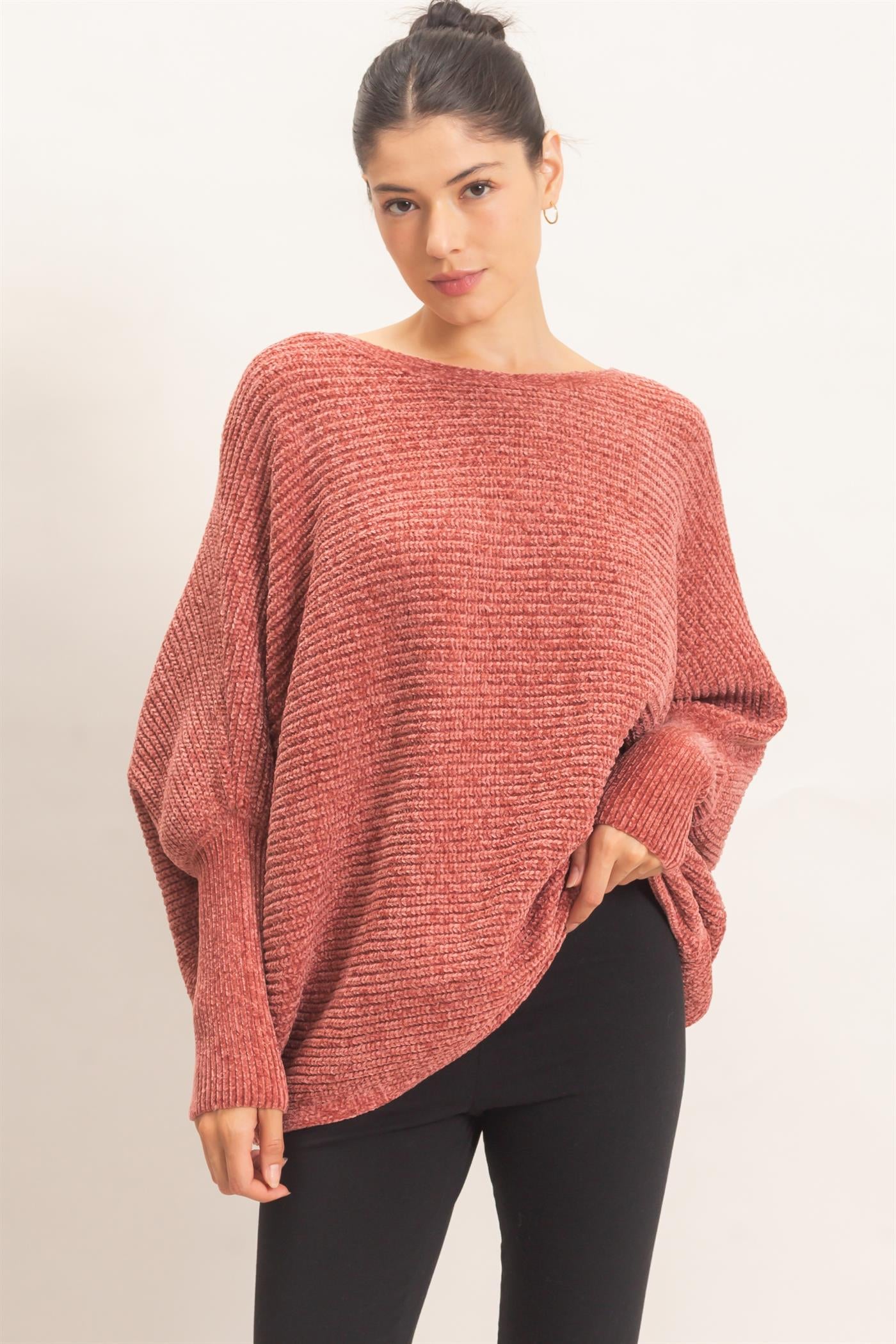 Wholesale Chenille Boat Neck Dolman Sleeve Sweater Sweaters HF26F185 CLAY HYFVE