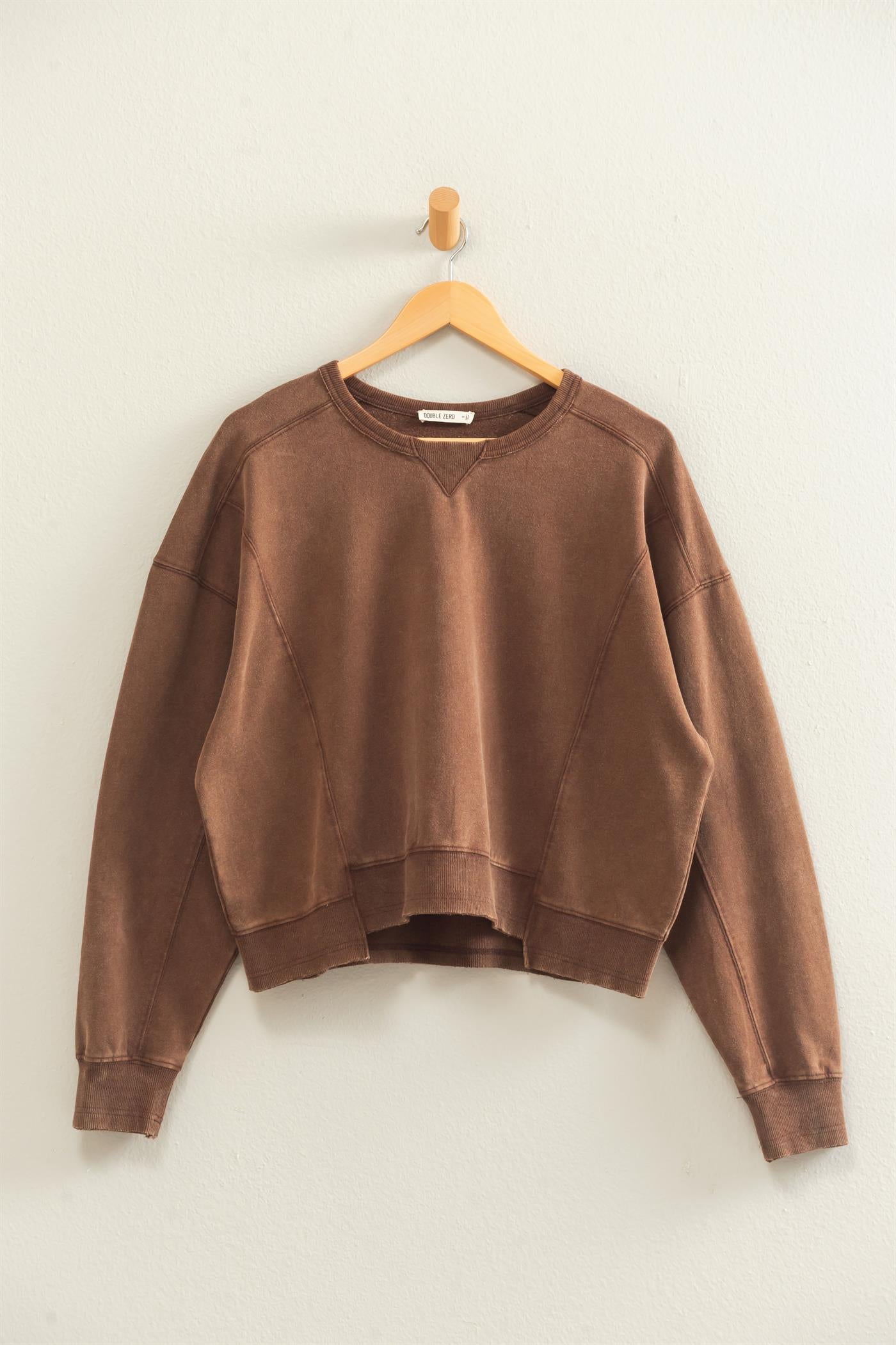 Wholesale Acid Wash Seam Detail Crew Neck Sweatshirt Sweatshirts DZ26E260 DARK BROWN DOUBLE ZERO