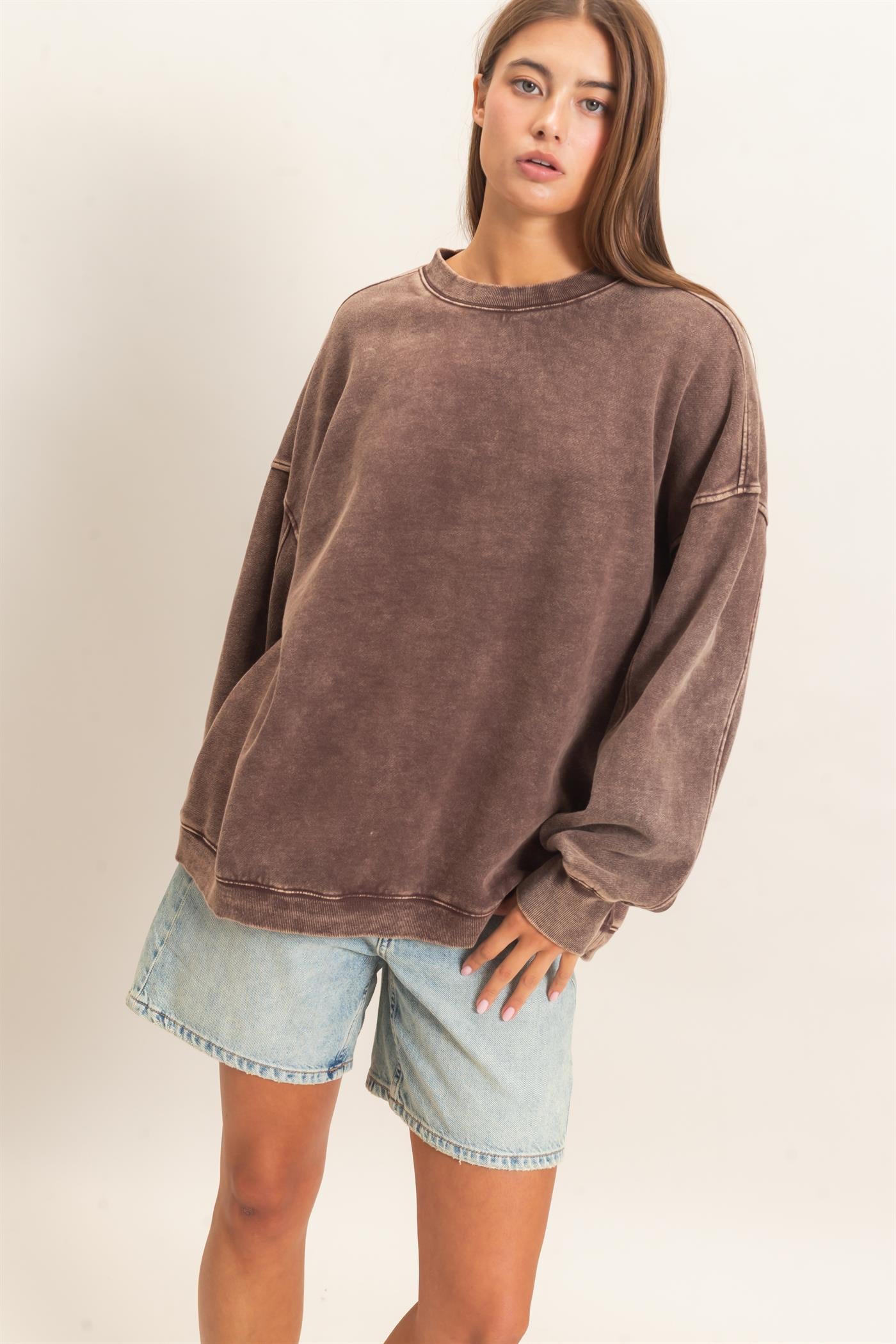 Wholesale Acid Wash Crew Neck Long Sleeve Sweatshirt Sweatshirts DZ26E268 DARK BROWN DOUBLE ZERO