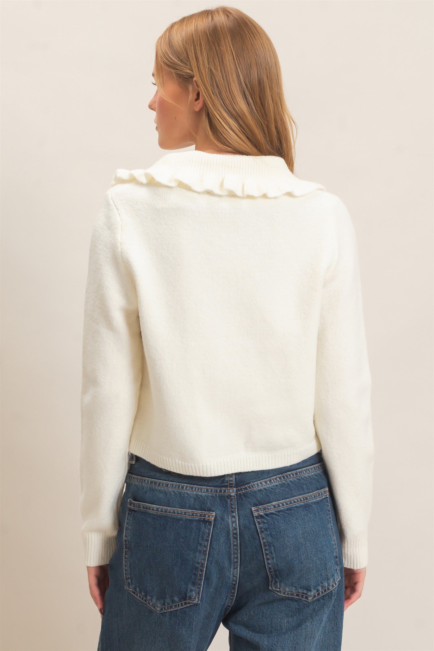 Wholesale Ruffled Collar Knit Cardigan Cardigans HF26E162-D IVORY HYFVE