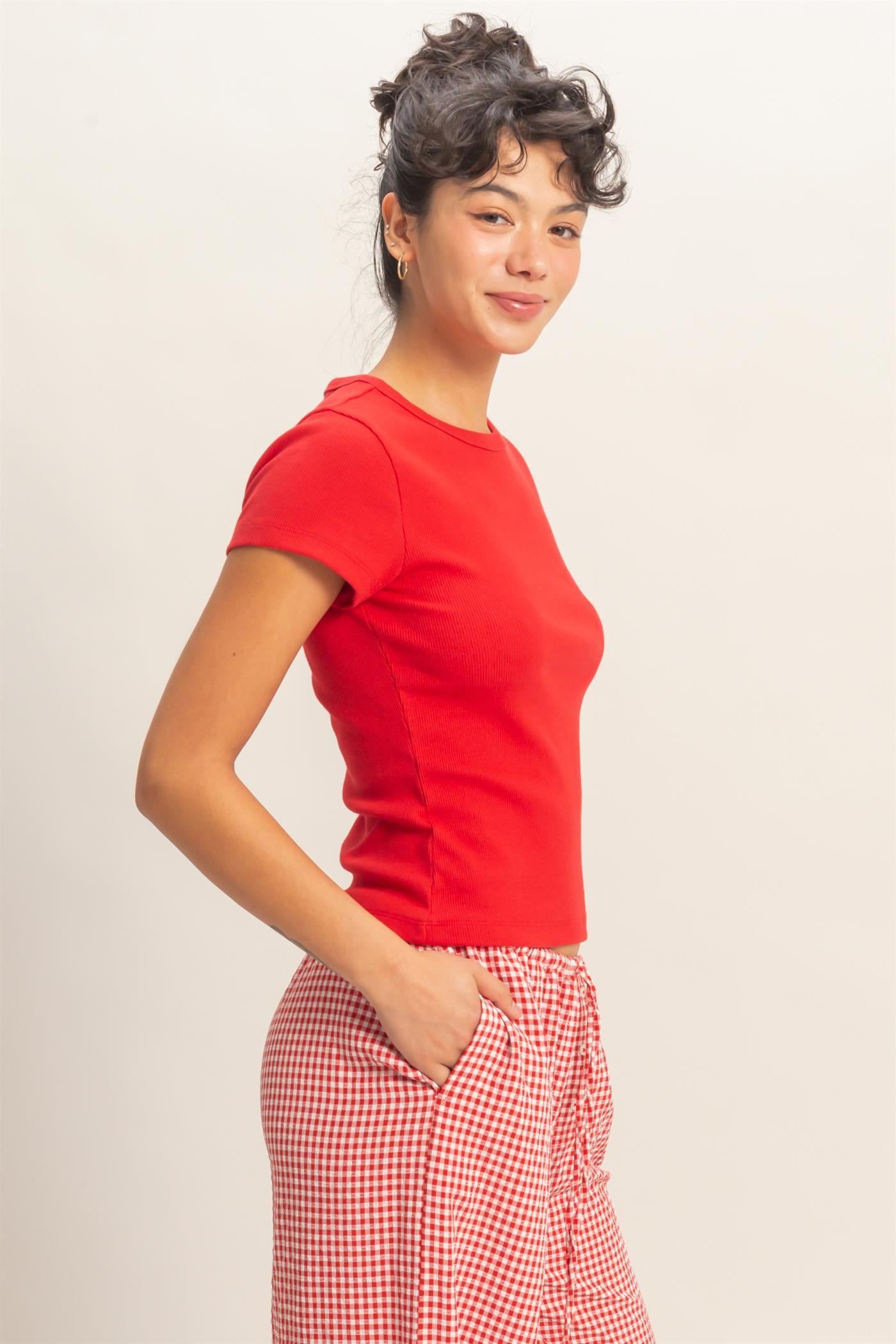 Wholesale Basic Ribbed Short Sleeve Top Clothing Tops DZ26A137 RED DOUBLE ZERO