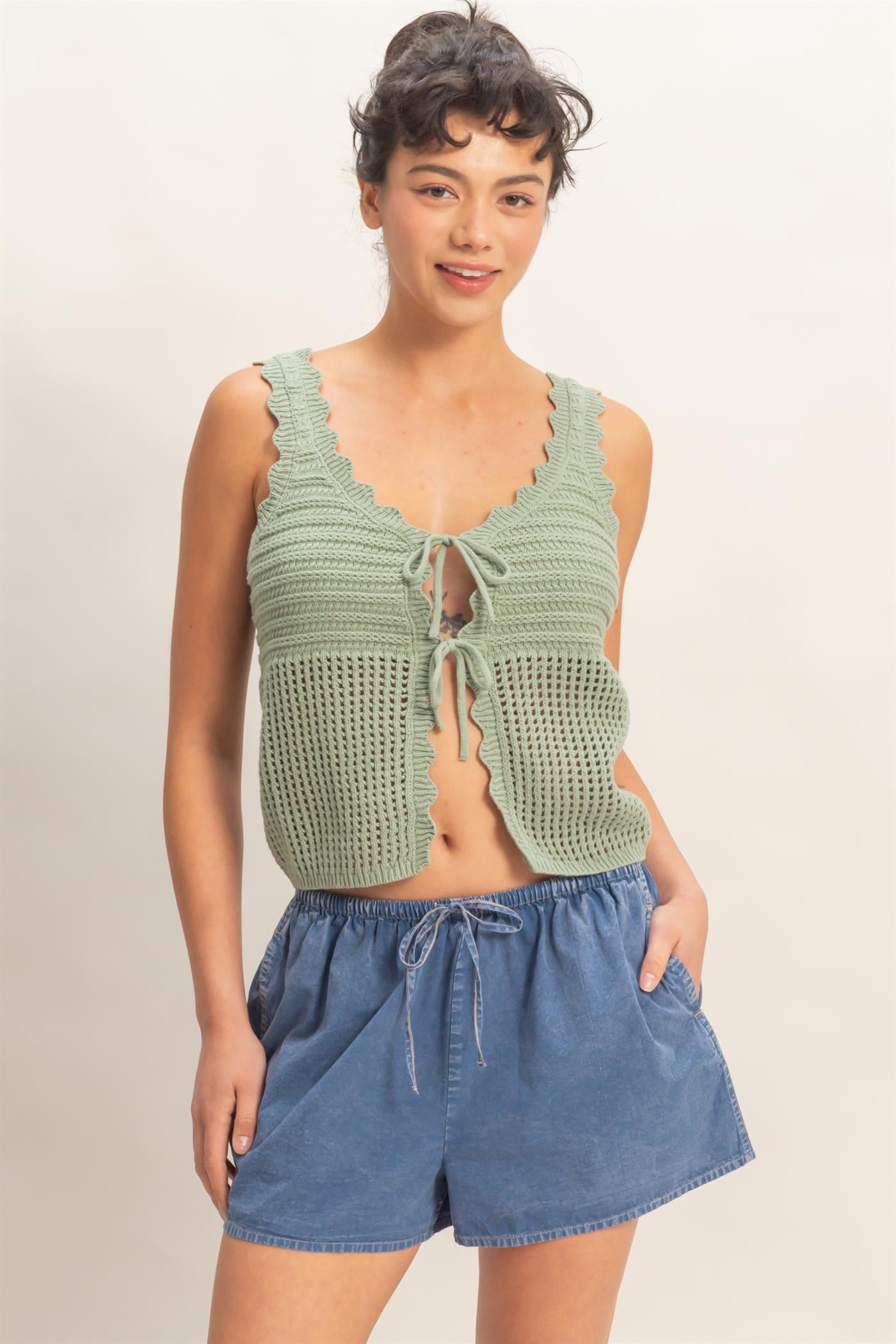 Wholesale Sleeveless Open Knit Double Tie-Front Vest Shirts DZ26A809 SAGE GREEN DOUBLE ZERO