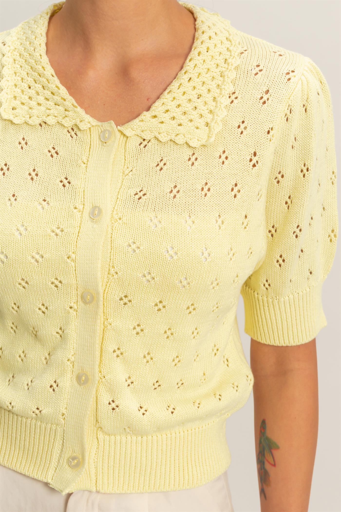 Wholesale Pointelle Collar Button-Up Puff Sleeve Knit Top Clothing Tops DZ26A748 PALE YELLOW HYFVE