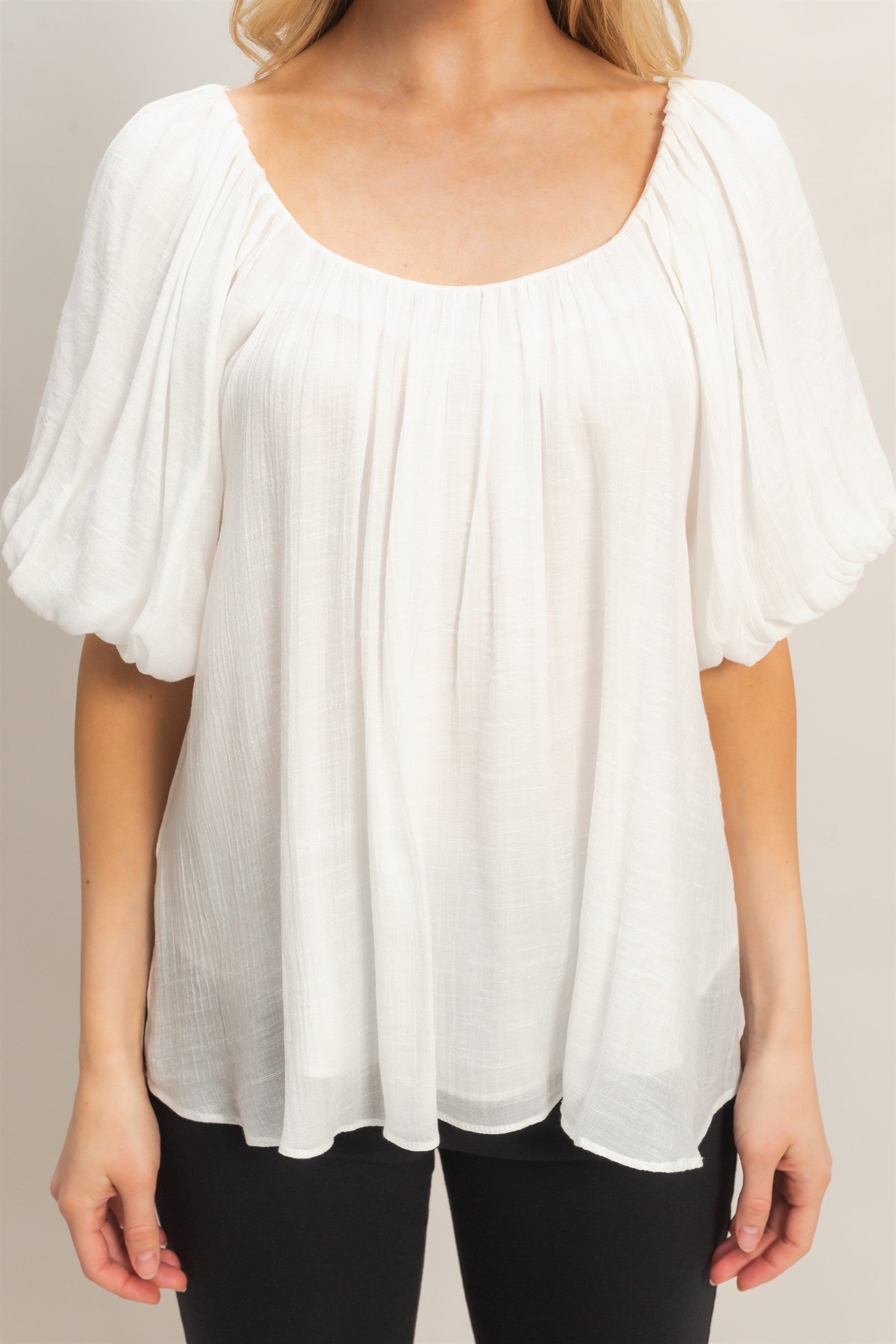 Wholesale Gathered Puff Sleeve Blouse Blouses HF26C307 WHITE HYFVE