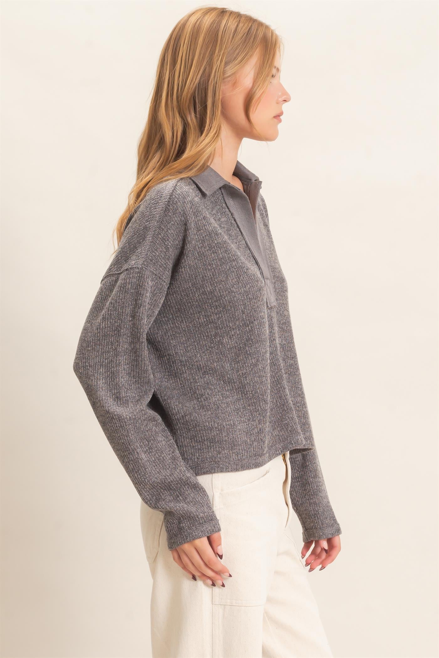 Wholesale Ribbed Collared Pullover Top Clothing Tops HF26E472 GRAY HYFVE