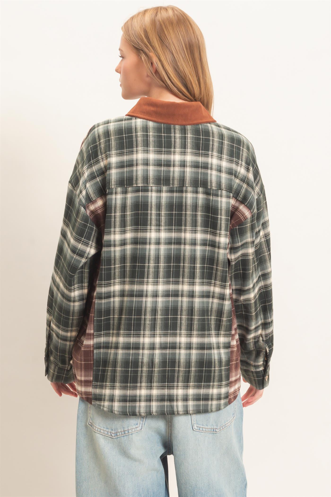 Wholesale Plaid Button-Up Shirt With Corduroy Collar Shirts HF26E157 GREEN HYFVE