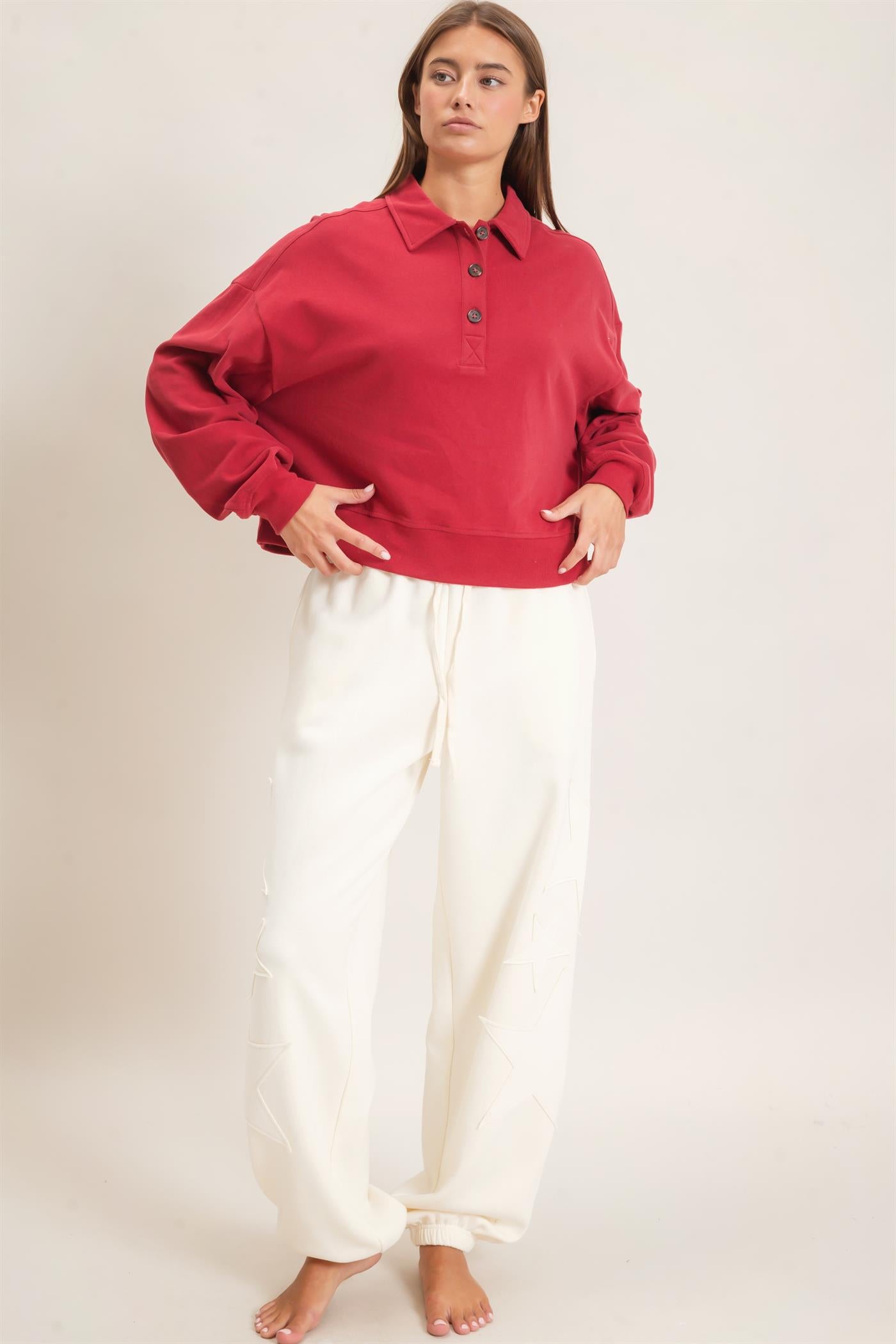 Wholesale Washed Button-Front Collared Sweatshirt Sweatshirts DZ26E390 DARK RED DOUBLE ZERO