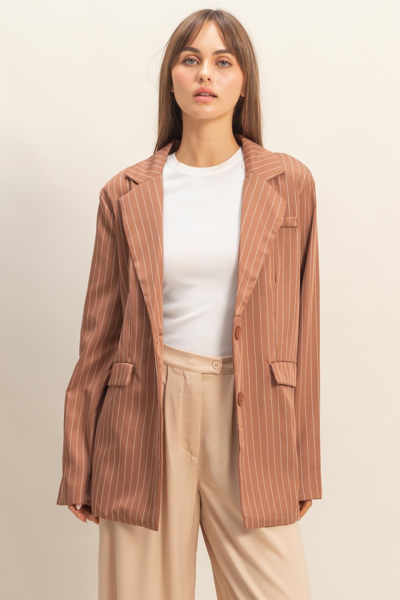 Wholesale Pin Stripe Oversized Blazer Coats & Jackets HF24A247 BROWN HYFVE