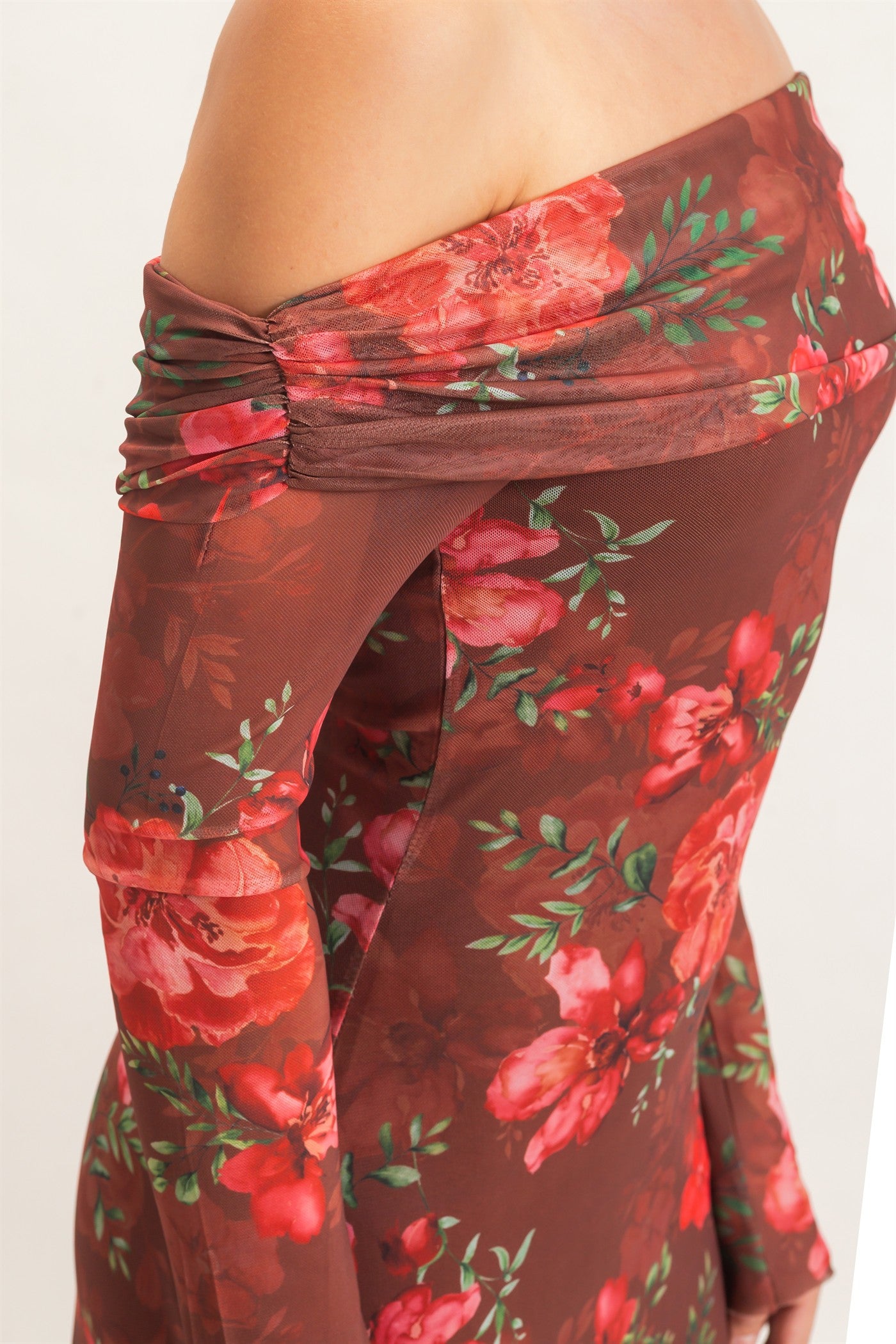 Wholesale Off Shoulder Floral Mesh Dress Dresses HF26E008 BROWN HYFVE