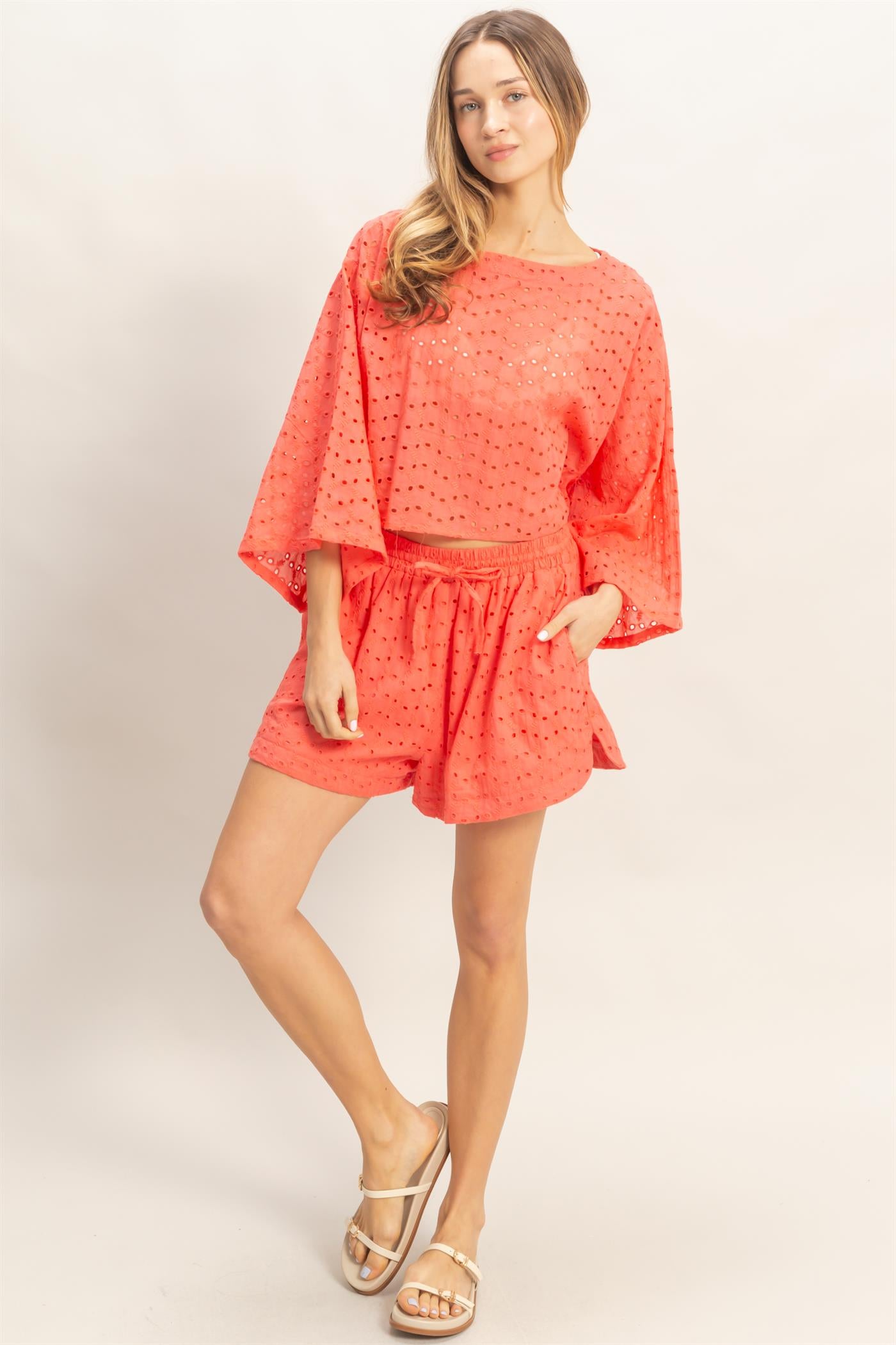 Wholesale Eyelet Long Sleeve Top & Shorts Set Clothing HF26A066-SET ORANGE RED HYFVE