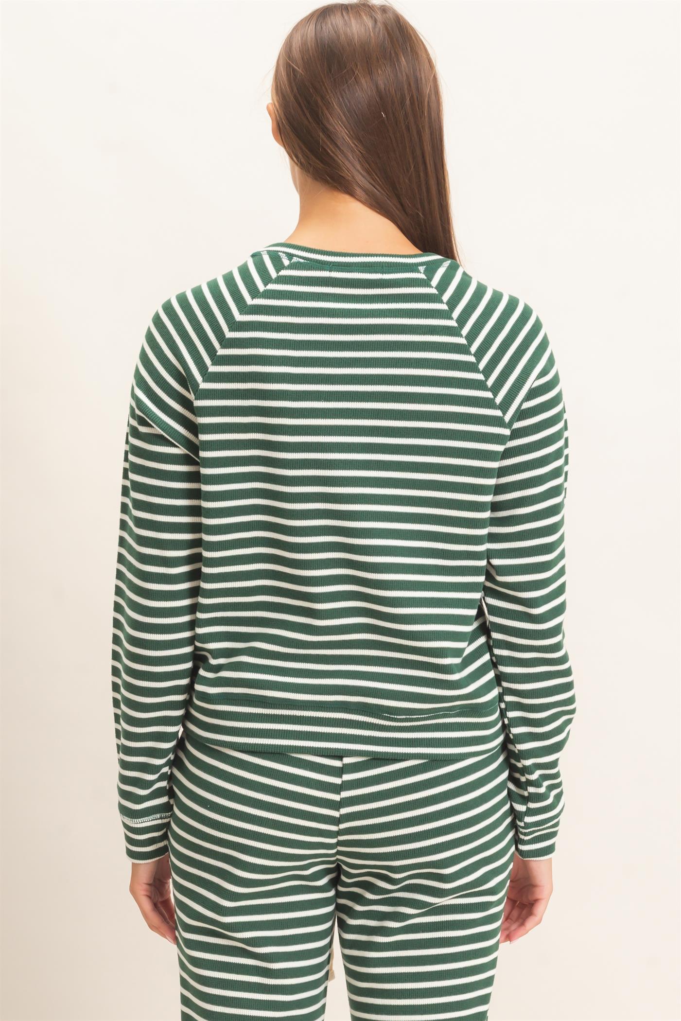 Wholesale Striped Waffle Knit Raglan Top Clothing Tops DZ26E450 DARK GREEN DOUBLE ZERO